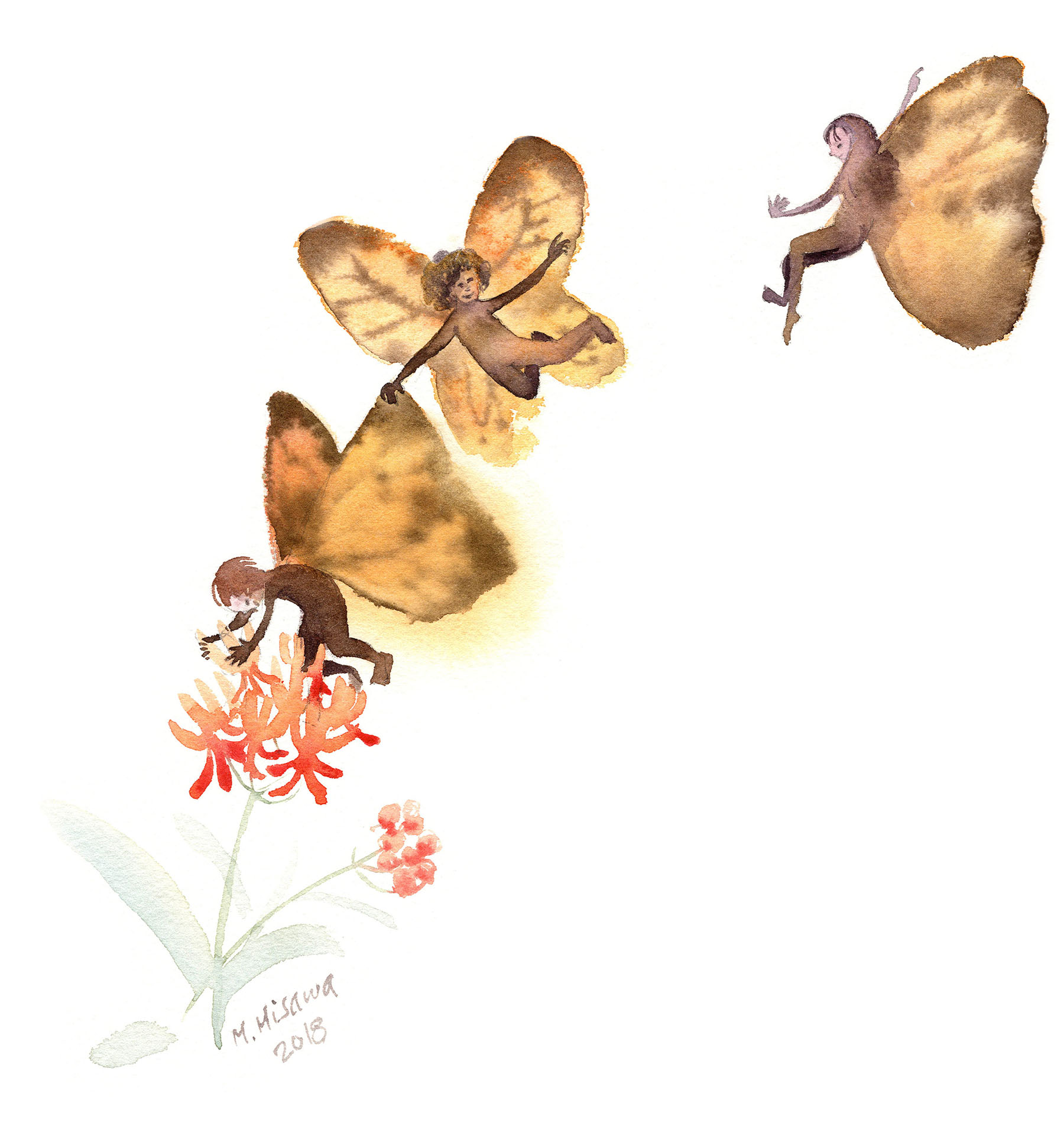 Watercolor painting of three small fairies with monarch butterfly wings flying around and landing on red flowers.