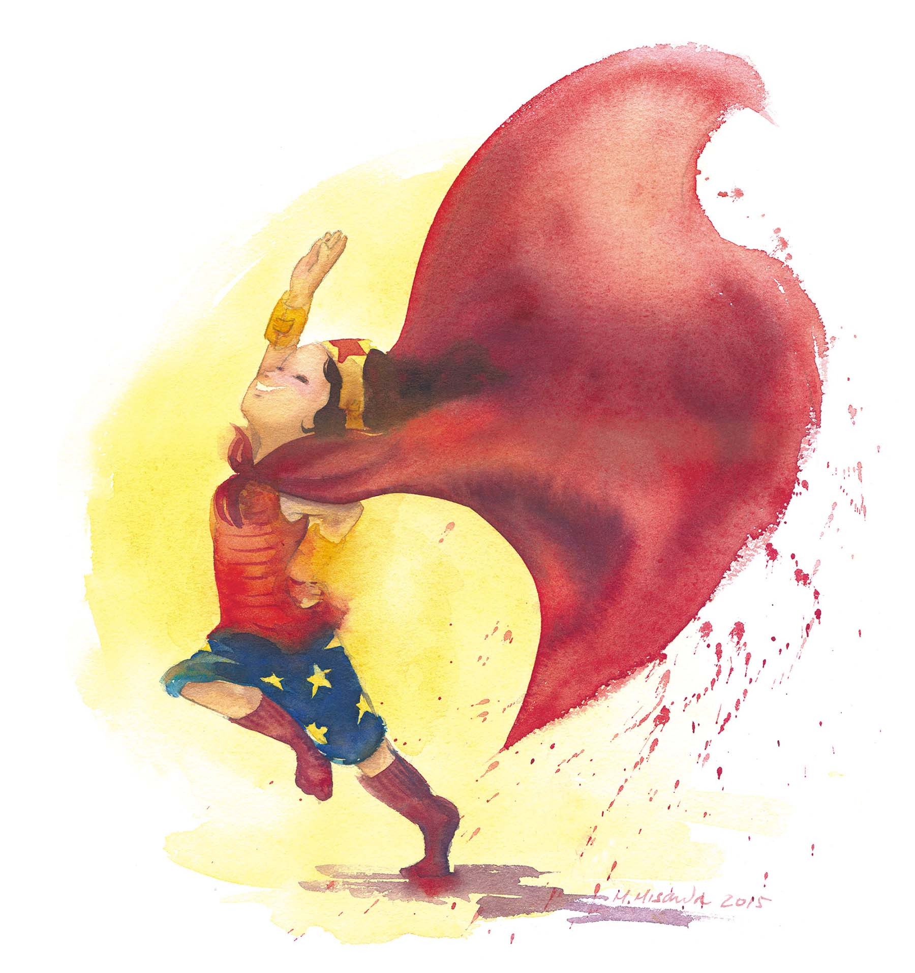 Watercolor illustration of a child dressed as Wonder Woman, running joyfully with a red cape flowing behind.