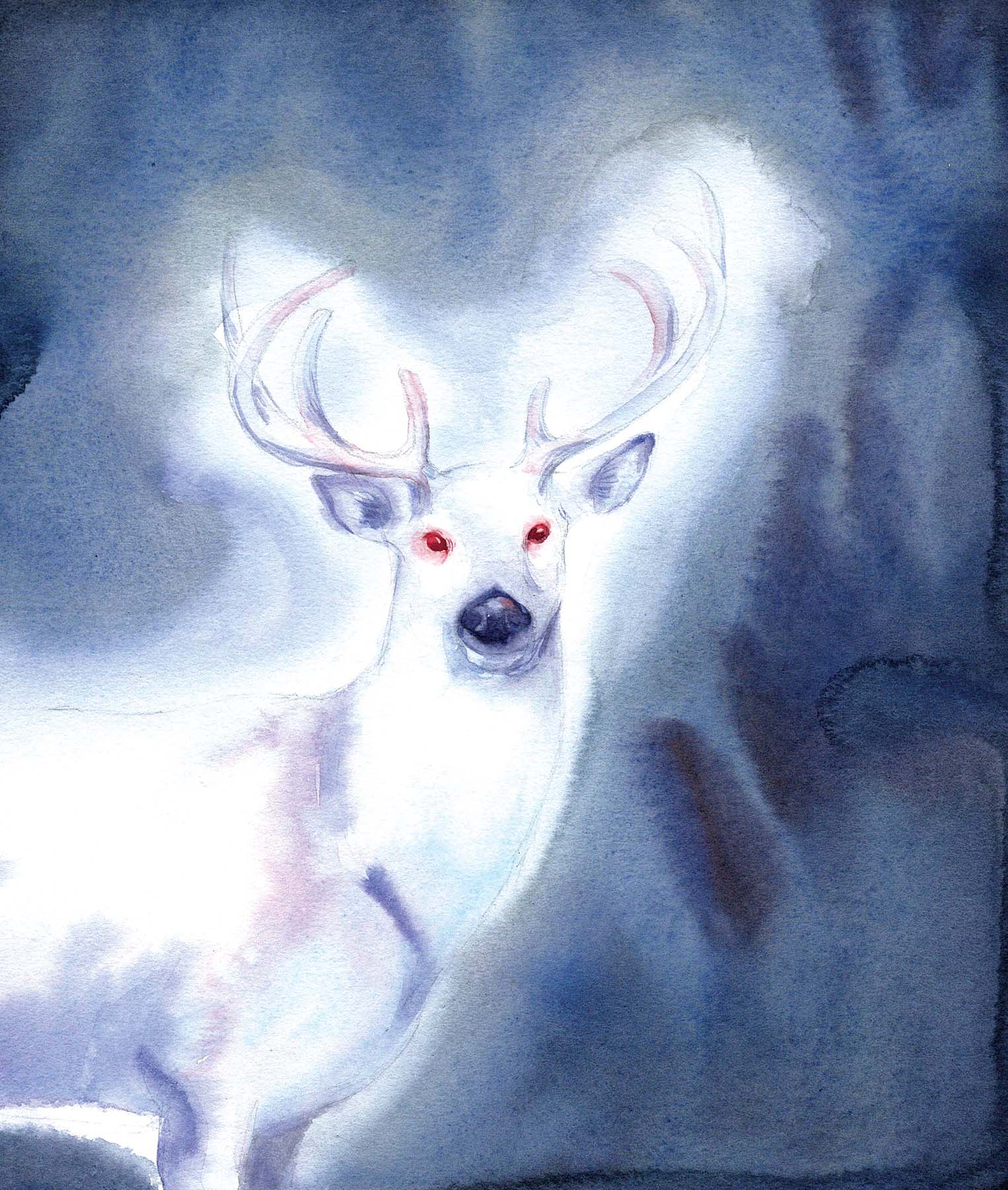 Watercolor painting of a glowing white deer with red eyes and antlers against a dark blue background.