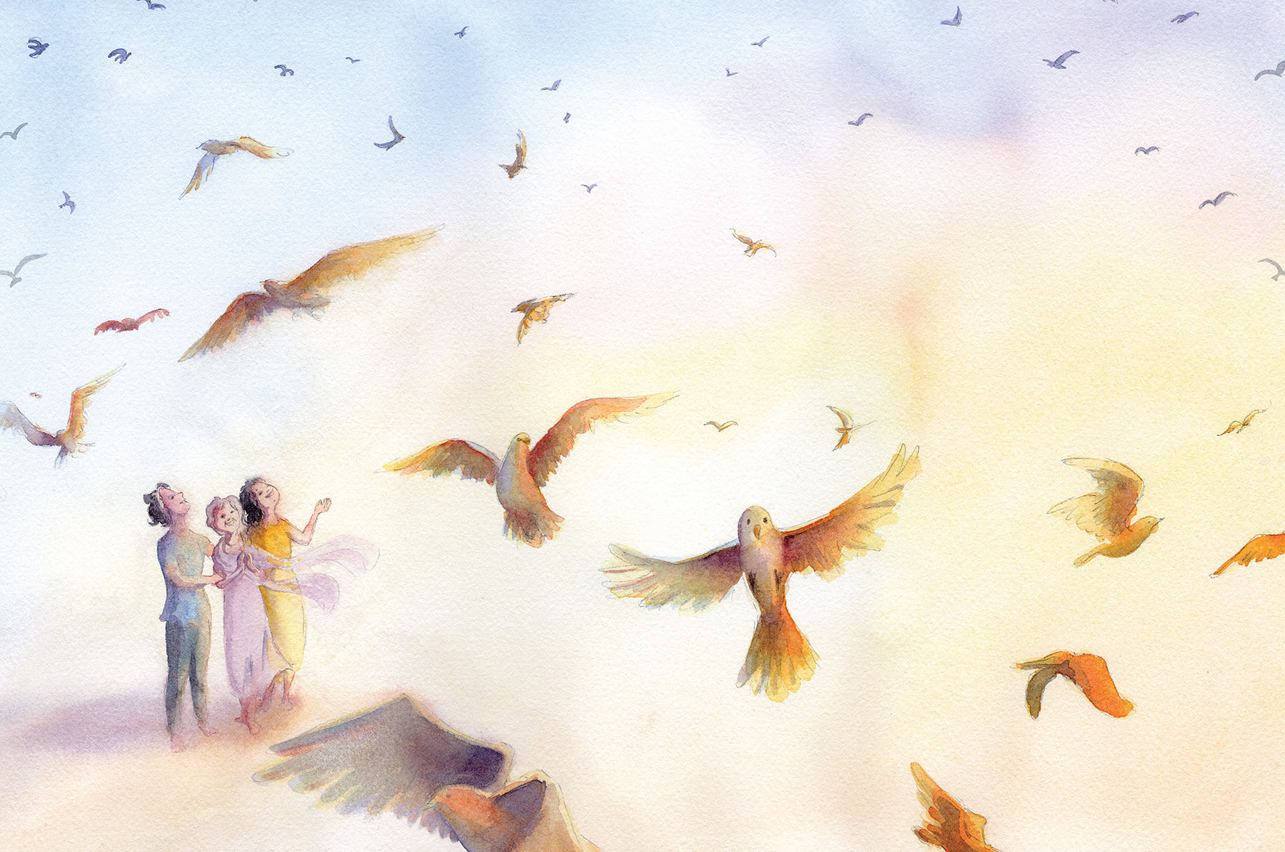 Watercolor-style illustration of three people watching colorful birds flying in a pastel sky.