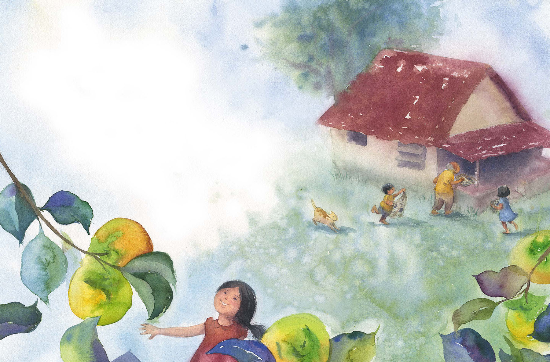 Watercolor illustration of a smiling girl with outstretched arms surrounded by large green and yellow fruit and leaves, with a house, a dog, and two children carrying newspaper pages in the background.