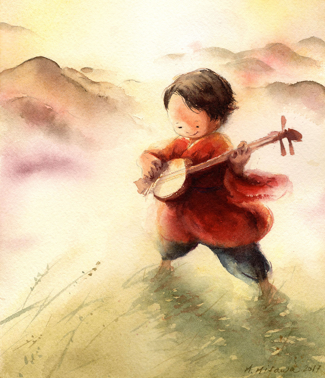 Watercolor painting of a child in a red Japanese clothes playing a stringed instrument outdoors with mountains in the background.
