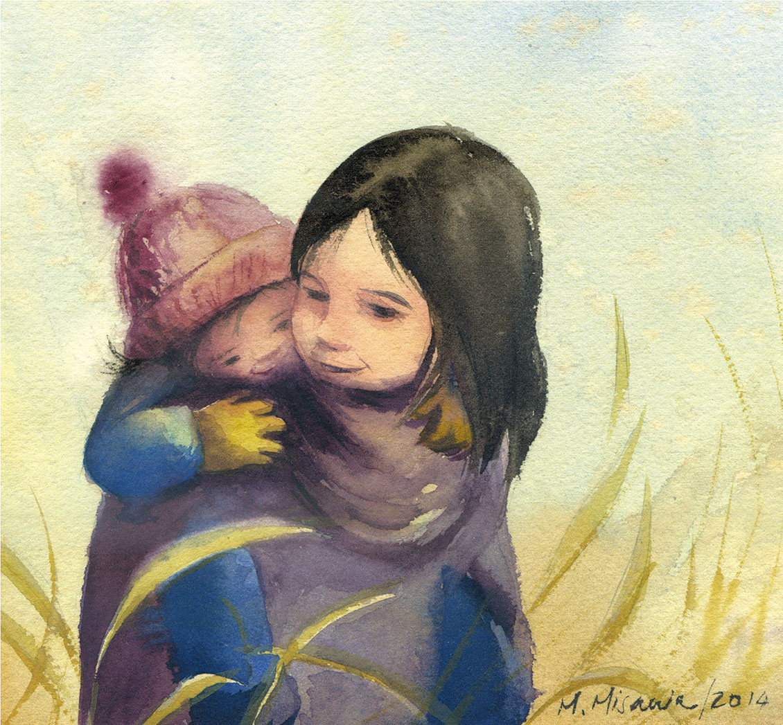 Watercolor painting of an older girl carrying a younger child on her back, surrounded by golden grass.