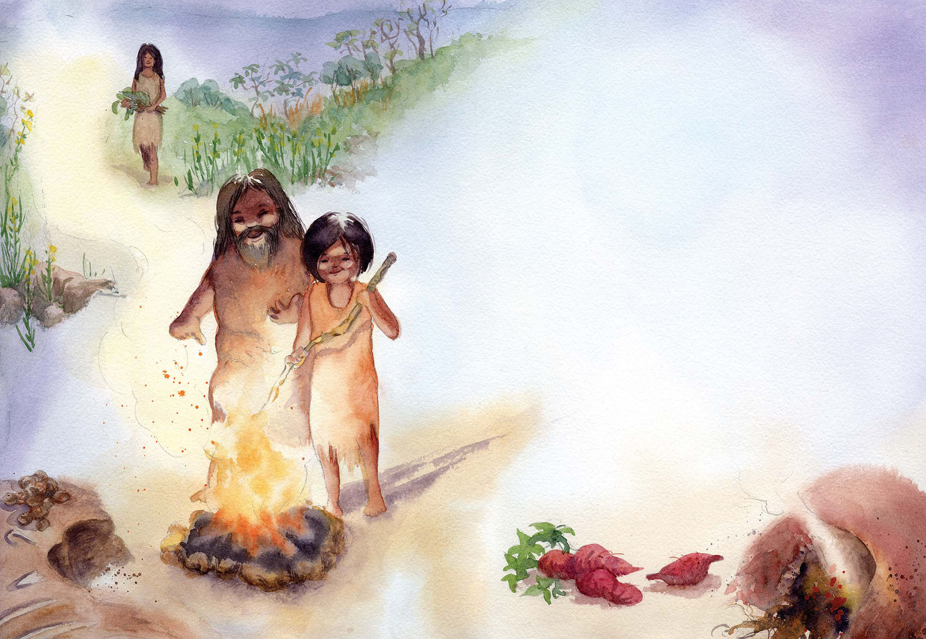 Watercolor illustration of two prehistoric people tending a small campfire and a cave with sweet potatoes nearby, with a third person carrying plants in the background.