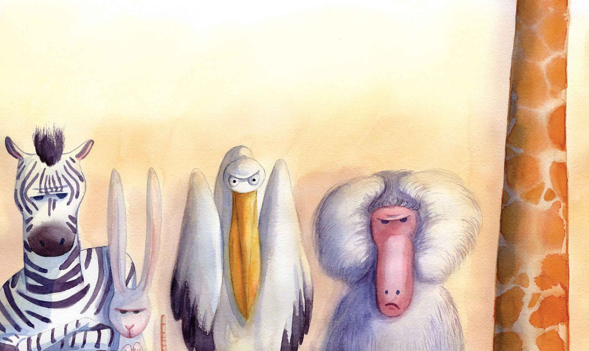 Watercolor illustration of a zebra, a rabbit, a pelican, a baboon, and the neck of a giraffe, all with grumpy expressions.