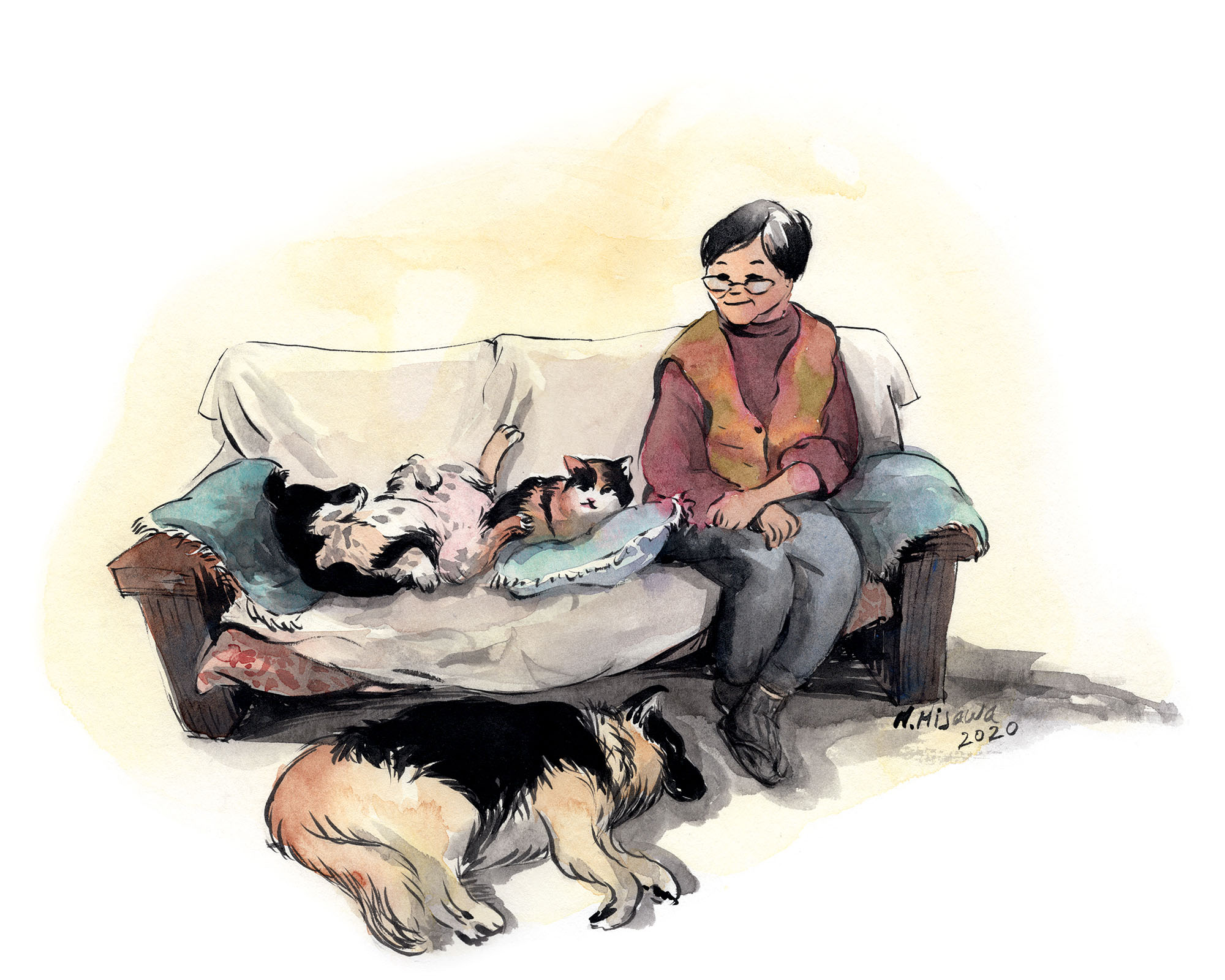 Watercolor illustration of an elderly woman sitting on a couch with a cat and a dog resting nearby, while one dog is laying on the floor.