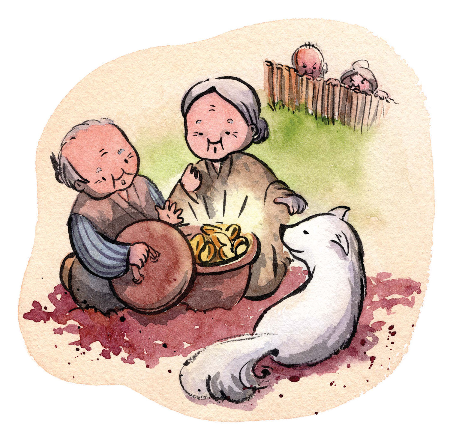 Watercolor illustration of two elderly people sitting by a pot filled with glowing gold coins and a white dog sitting nearby, while two other elderly people watch over a wooden fence.