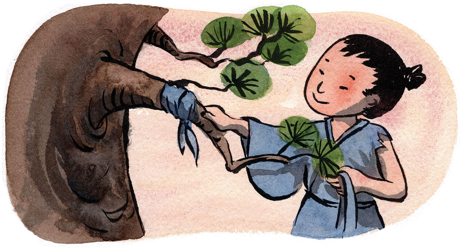 Watercolor illustration of a smiling young man in blue traditional clothing tying a broken branch with green leaves to a tree trunk using a piece of his clothes.