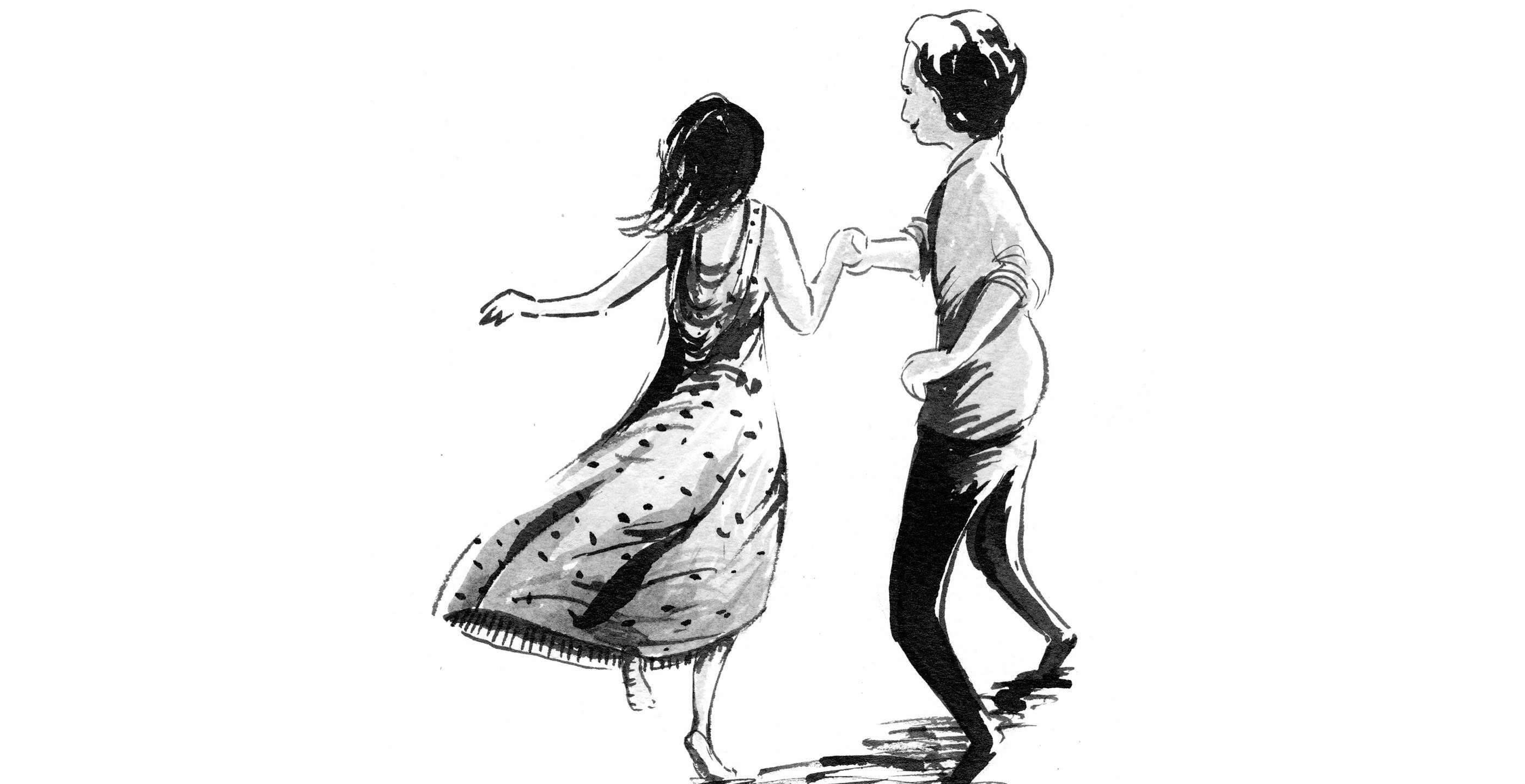 Black and white illustration of a couple dancing hand in hand.