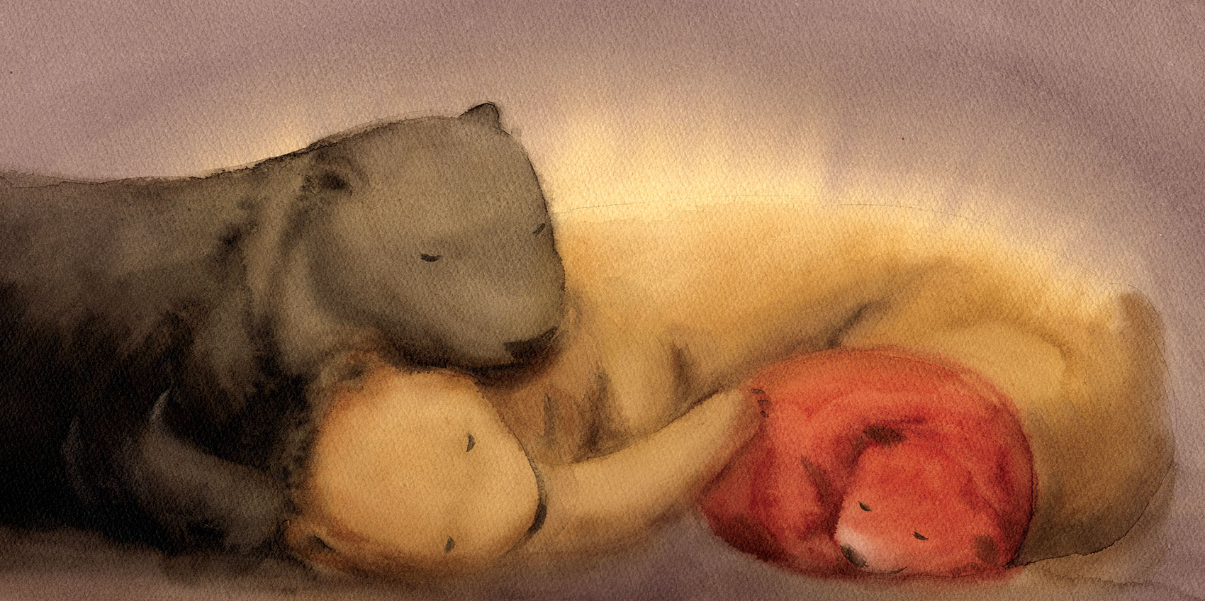 Watercolor illustration of a family of three bears—a black, a brown, and a redish bear cub—sleeping closely together.