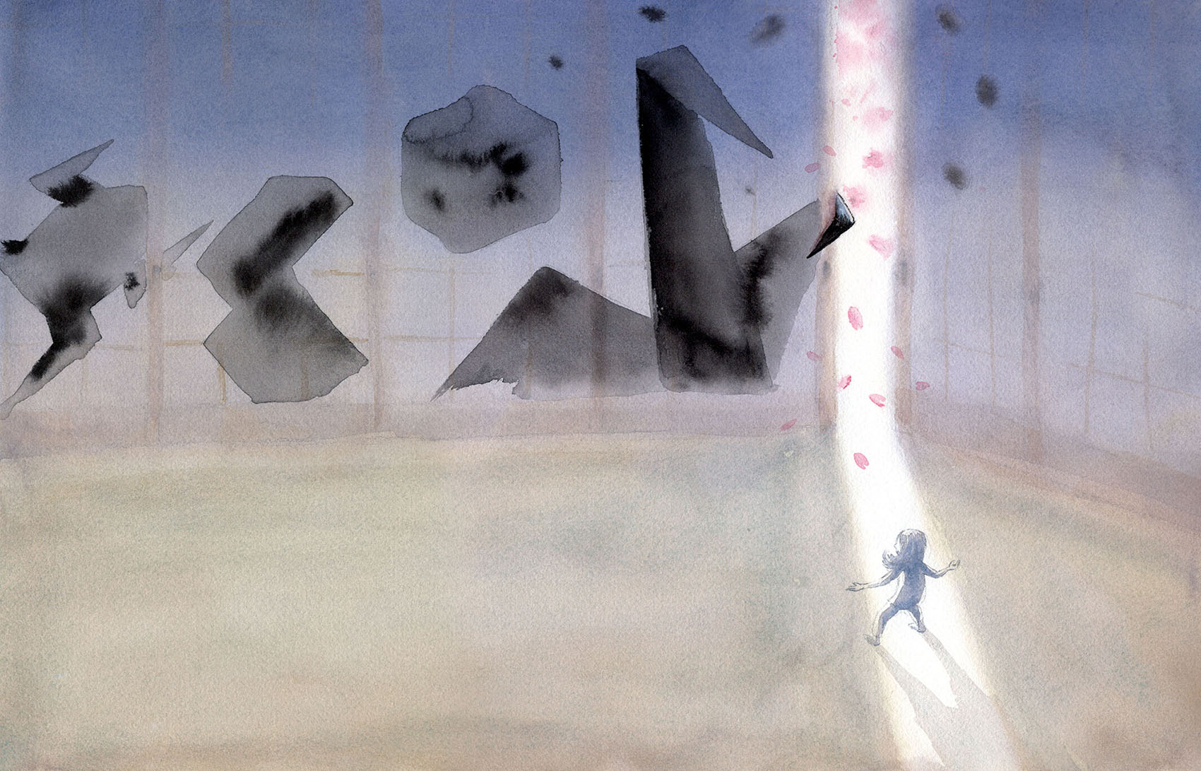 Watercolor illustration of a small child standing in a beam of light facing large shadowy origami shapes, with pink petals floating around.