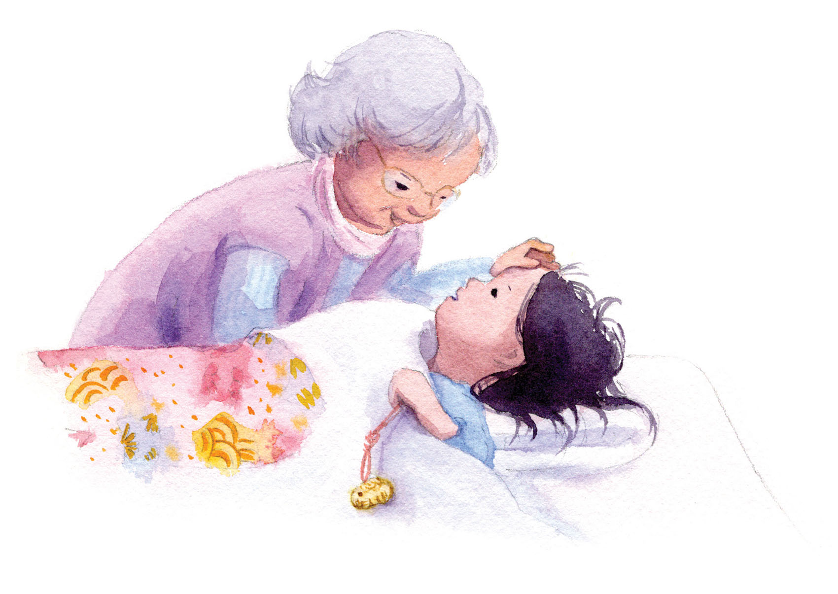 Watercolor illustration of an elderly woman gently touching the forehead of a child lying in bed under a colorful blanket.