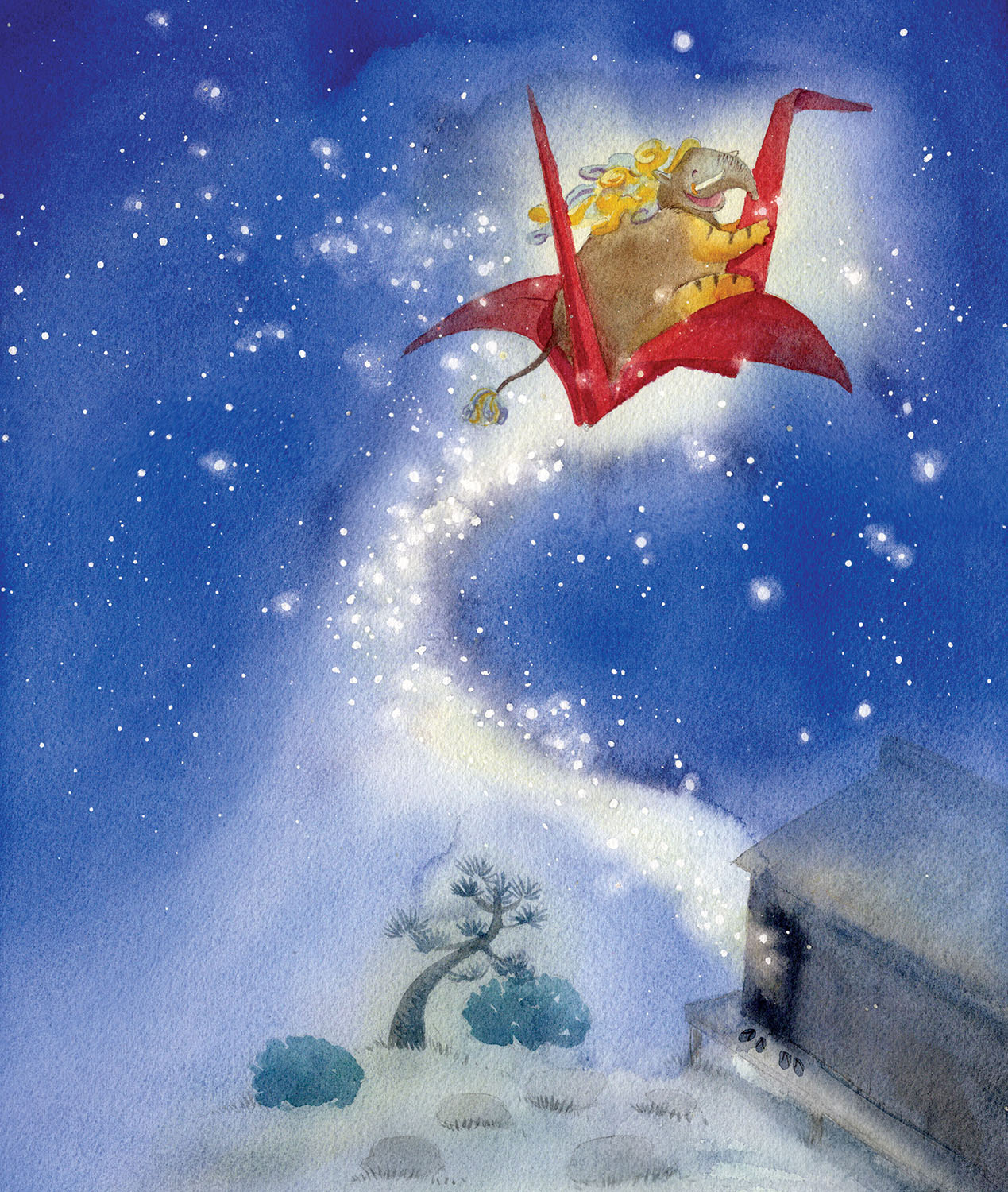 Watercolor painting of a creature with an elephant trunk with a yellow mane joyfully flying at night on a red origami crane above a Japanese landscape with a tree and house.
