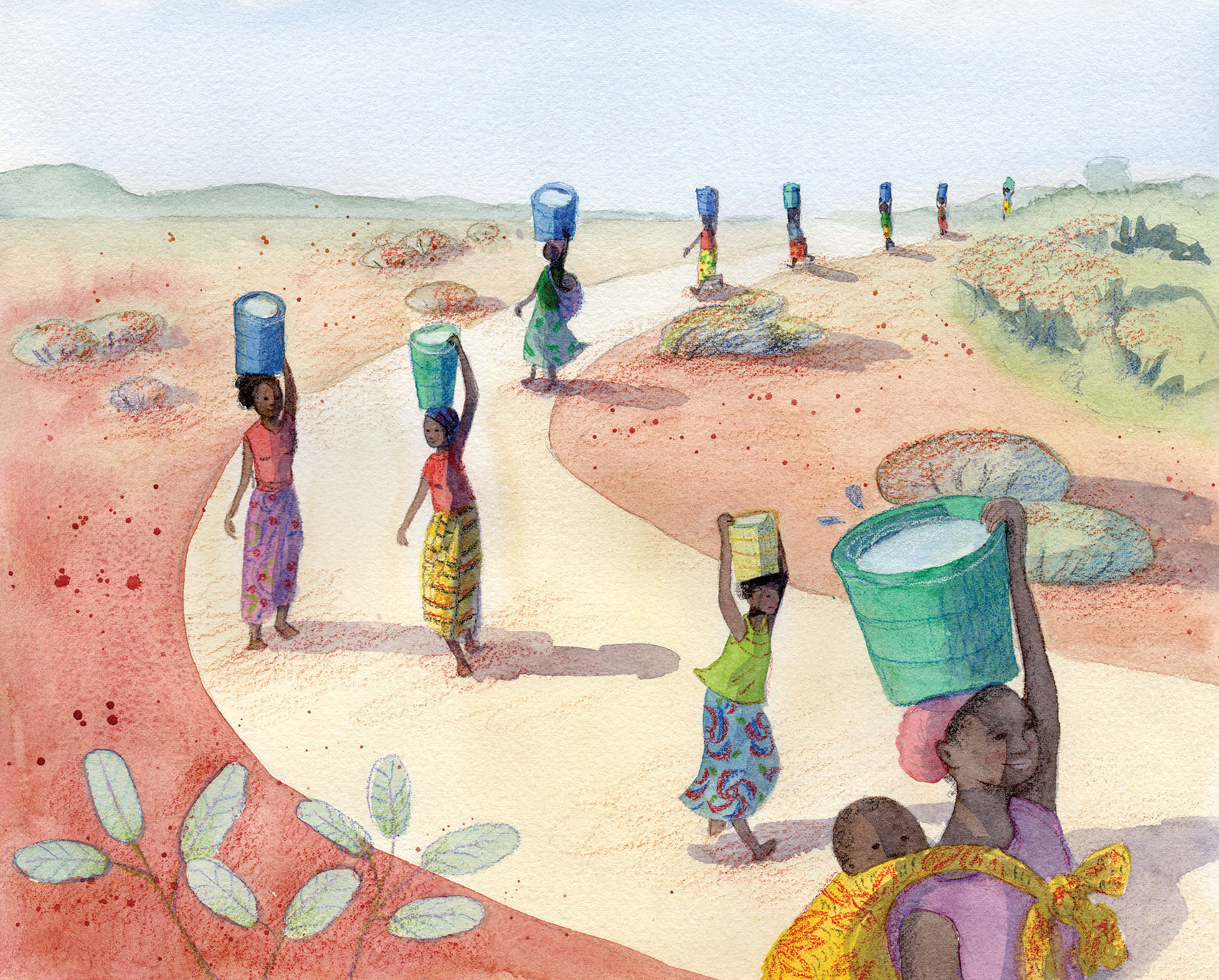 Watercolor illustration of women walking along a dusty path carrying buckets on their heads, one woman carrying a child on her back.