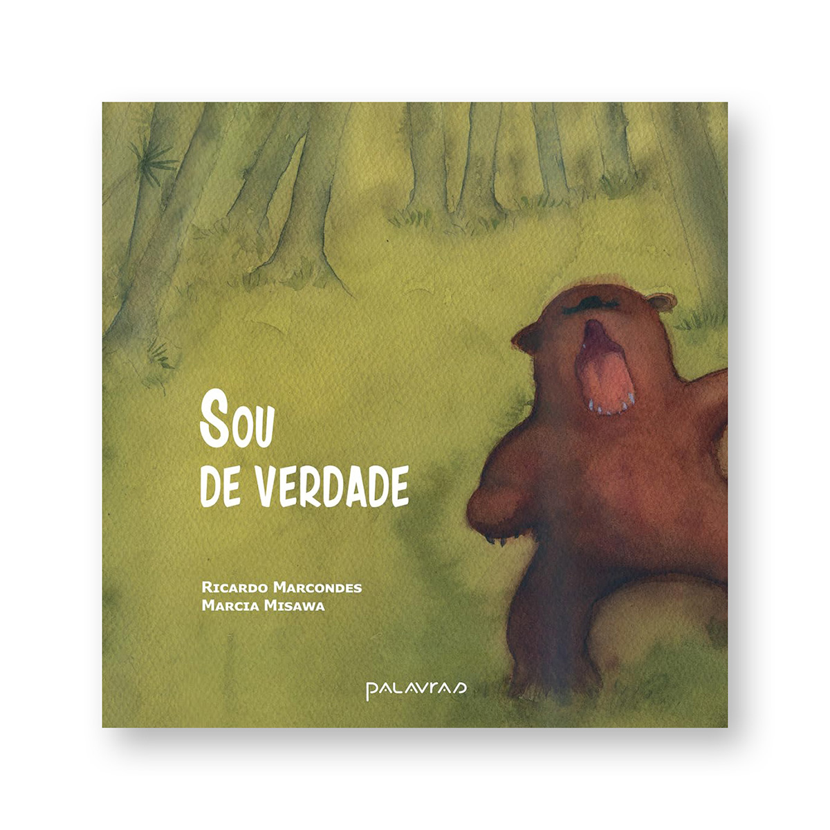Book cover with watercolor background featuring a bare tree branch and the title 'Saudade de caqui' by Marcia Misawa.