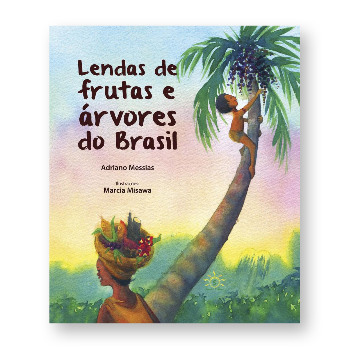 Book cover with watercolor background featuring a bare tree branch and the title 'Saudade de caqui' by Marcia Misawa.