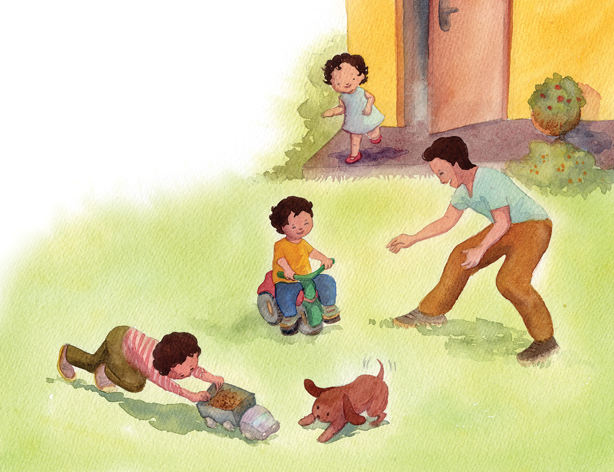 Watercolor illustration of a father playing with three children and a dog on grass outside a yellow house.