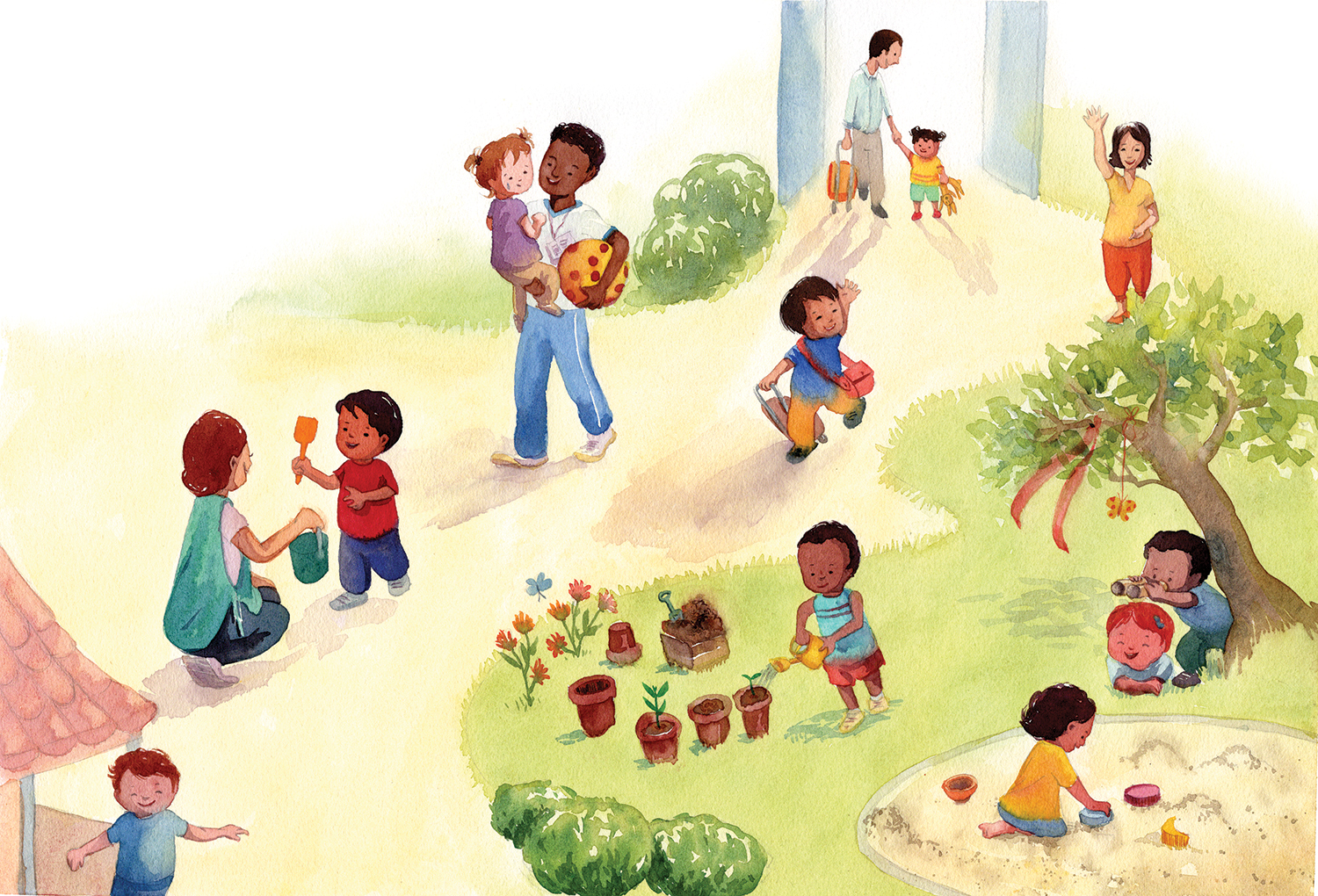 Illustration of children playing outdoors with a caregiver; children water plants, play in a sandbox, and carry toys, while one caregiver waves and another crouches with a child holding a shovel.