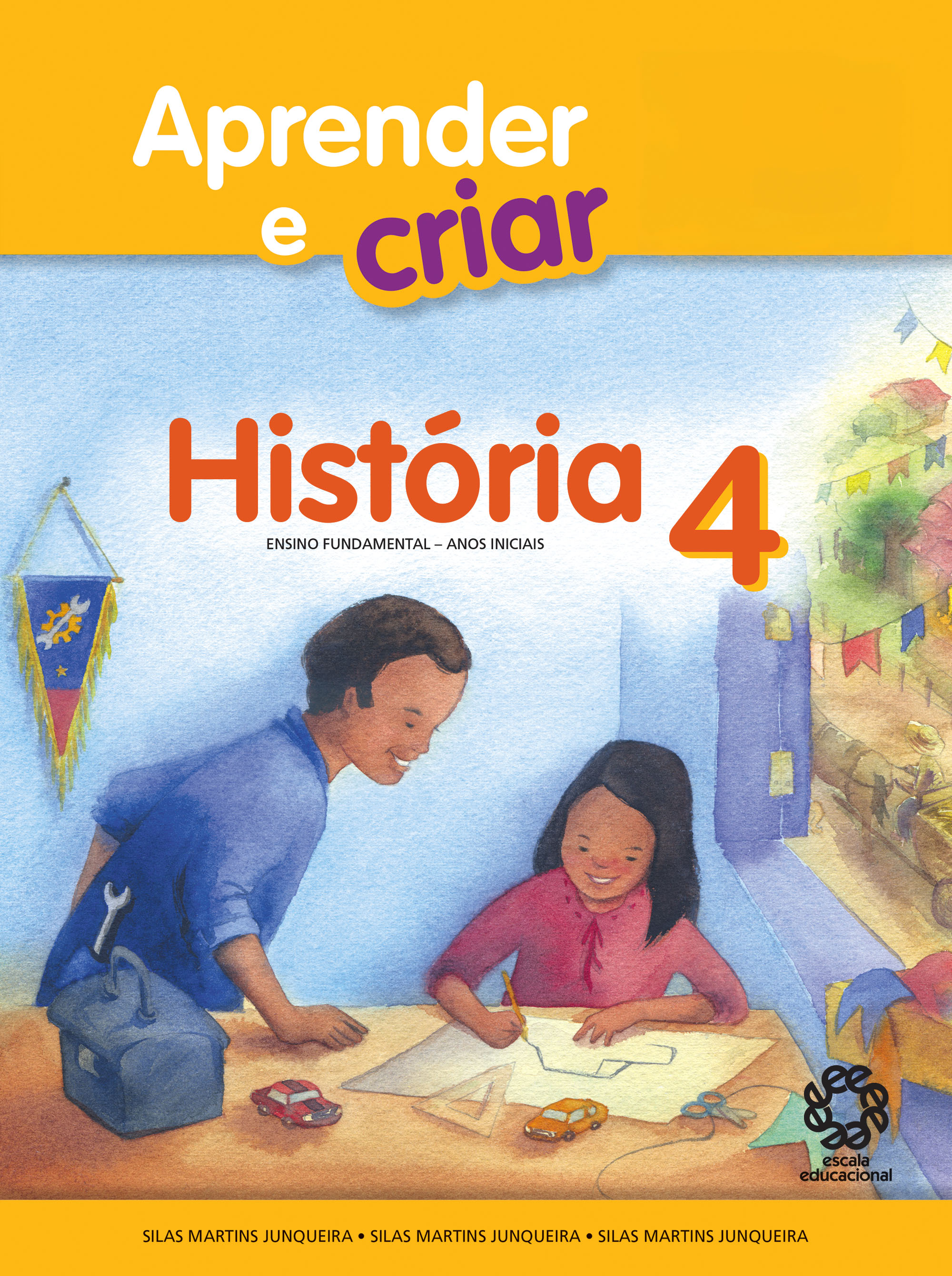 Illustration of a dad looking at his daughter drawing a car on paper at a table, with toy cars, scissors, and his toolbox nearby.