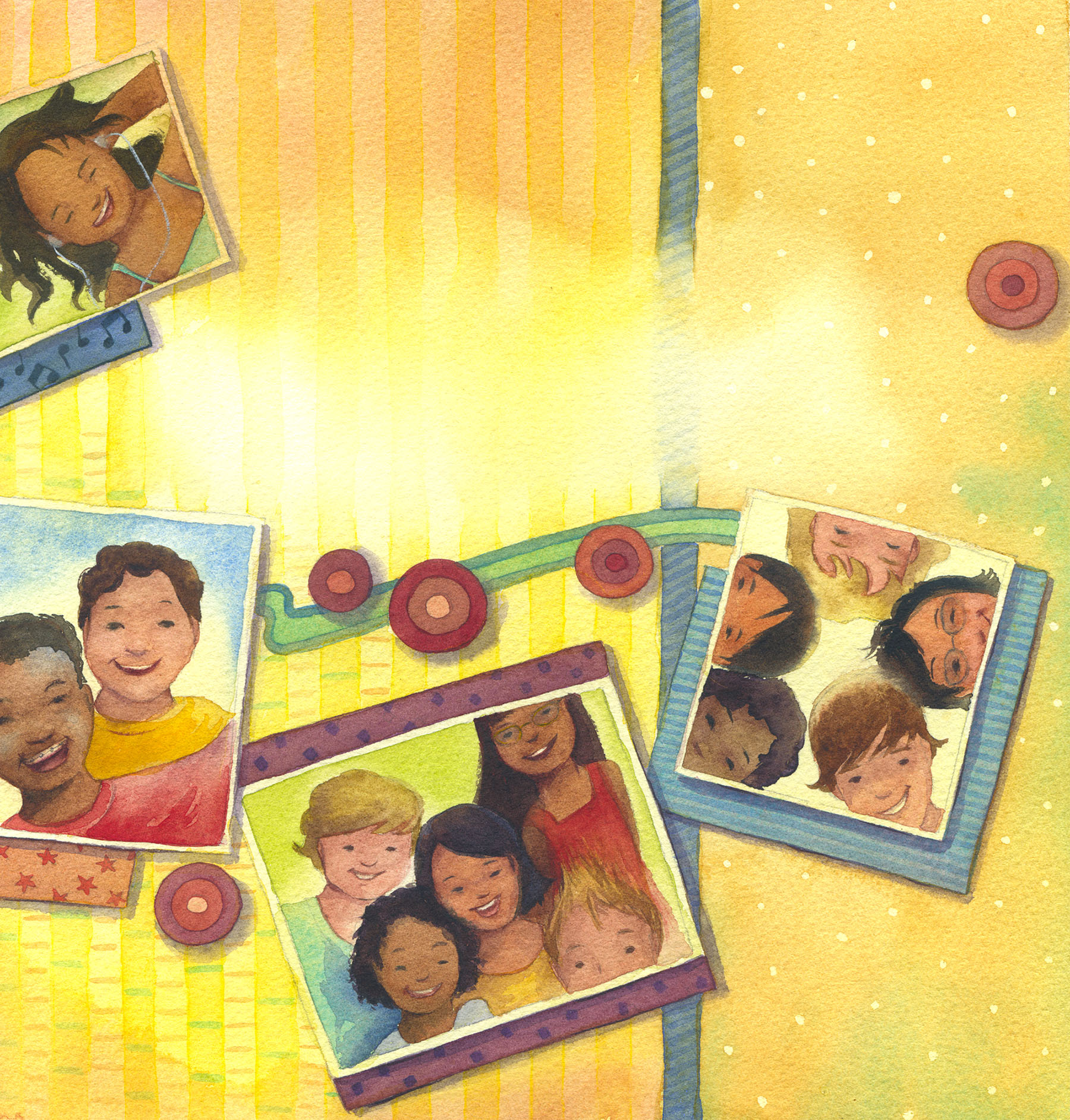 Watercolor illustration of a scrapbooking page with diverse children smiling in photos arranged on a yellow background with abstract lines and circles.