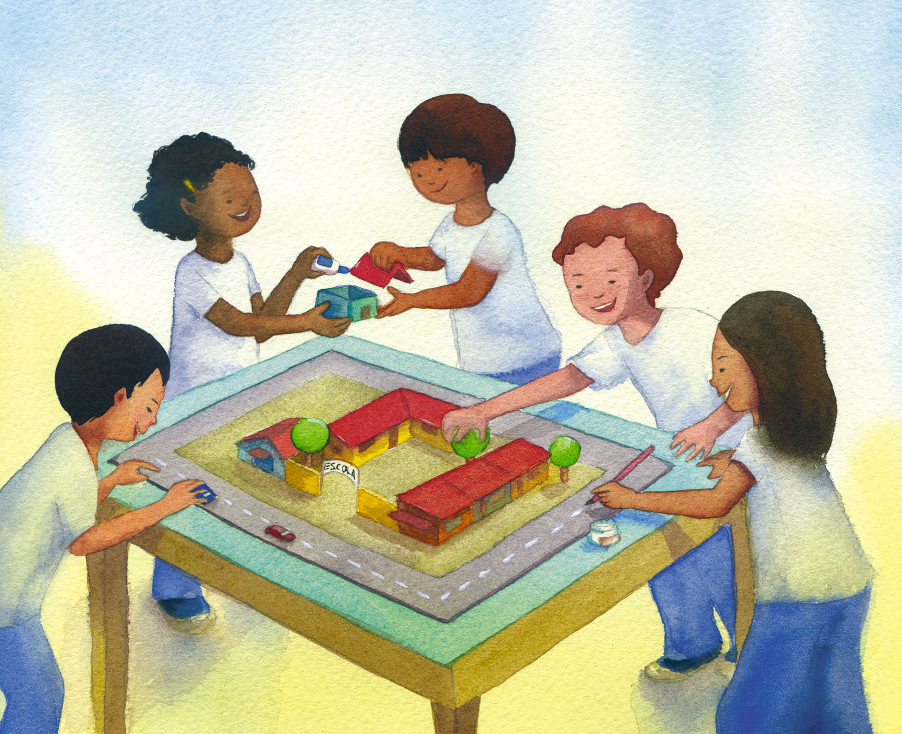 Illustration of five children collaboratively building a model of a school with surrounding roads and trees on a table.