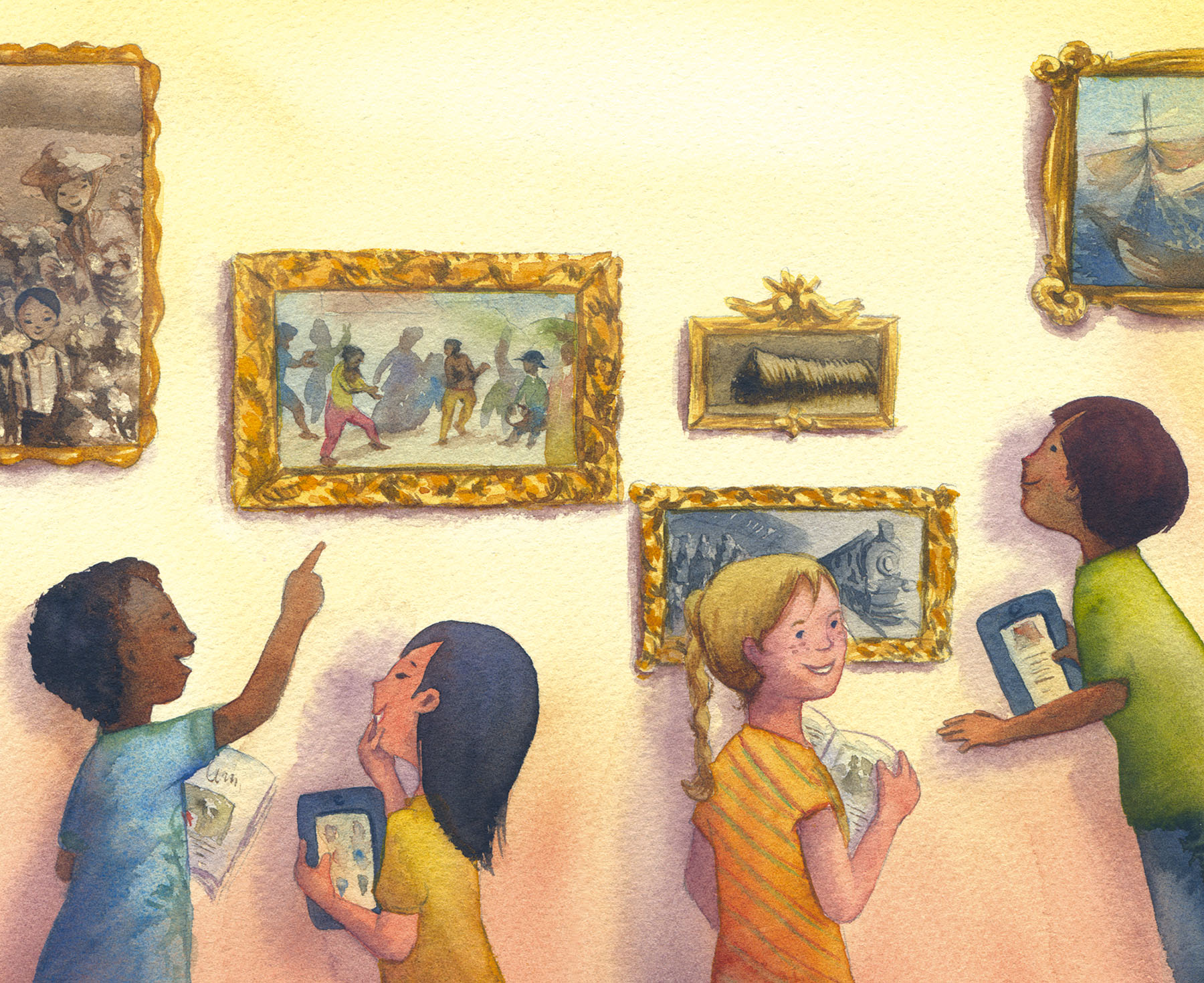 Four children looking at framed paintings on a museum wall, holding tablets and papers.