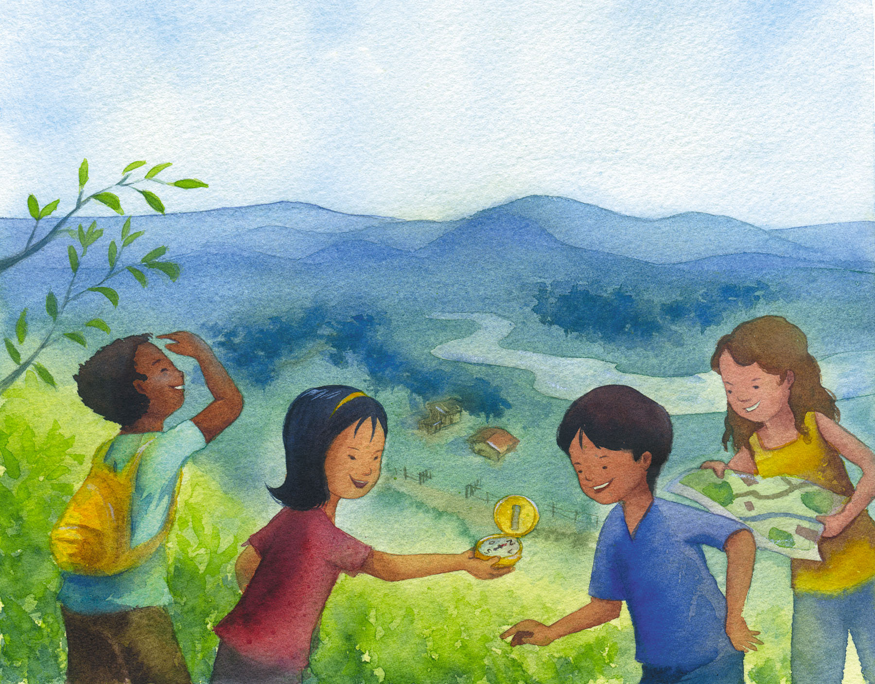 Watercolor illustration of four children outdoors with a map and compass, overlooking a river valley with mountains in the background.