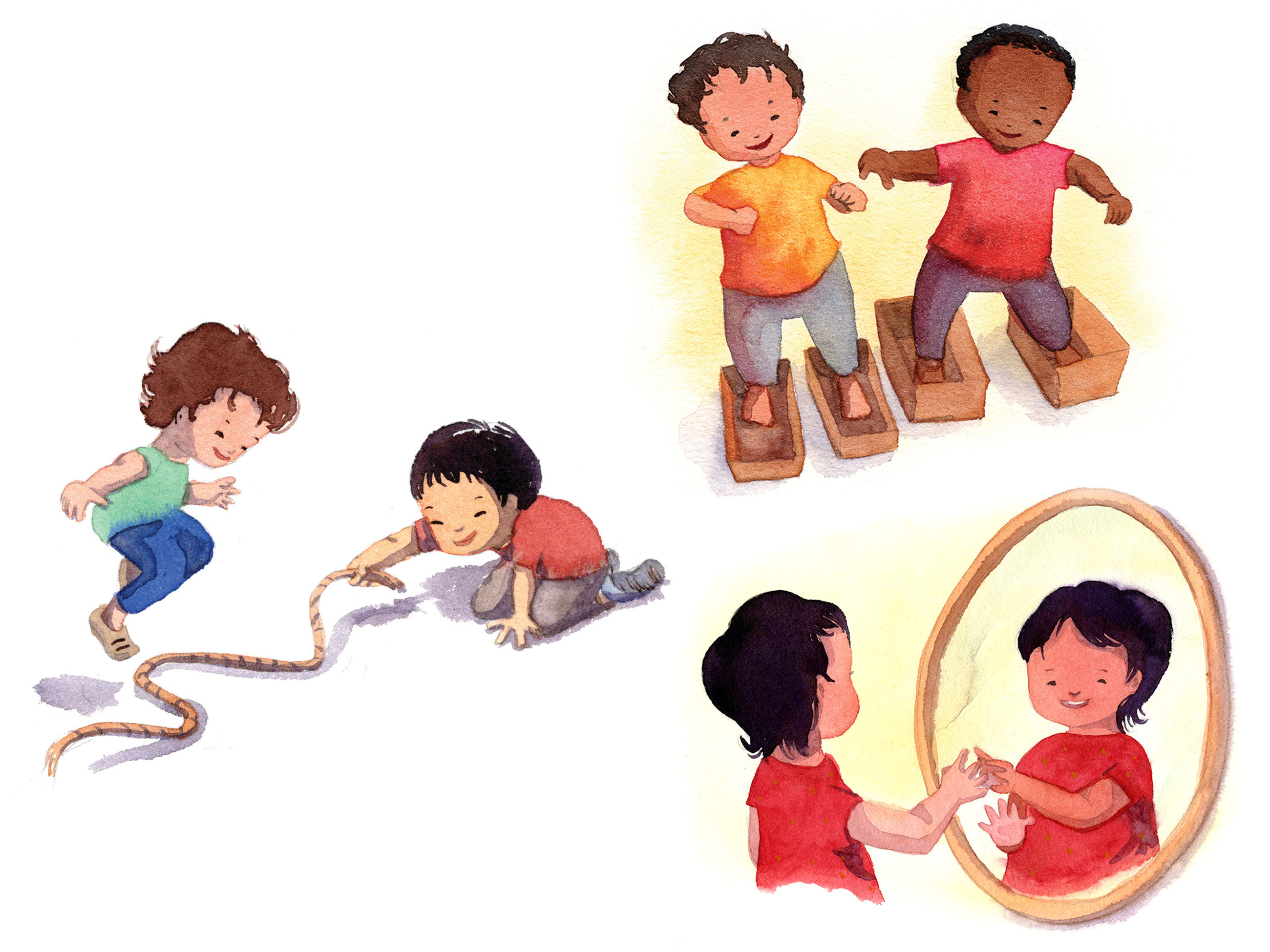 Watercolor illustrations of five children playing: two jump rope, two walk in cardboard boxes, and one touches her reflection in a mirror.
