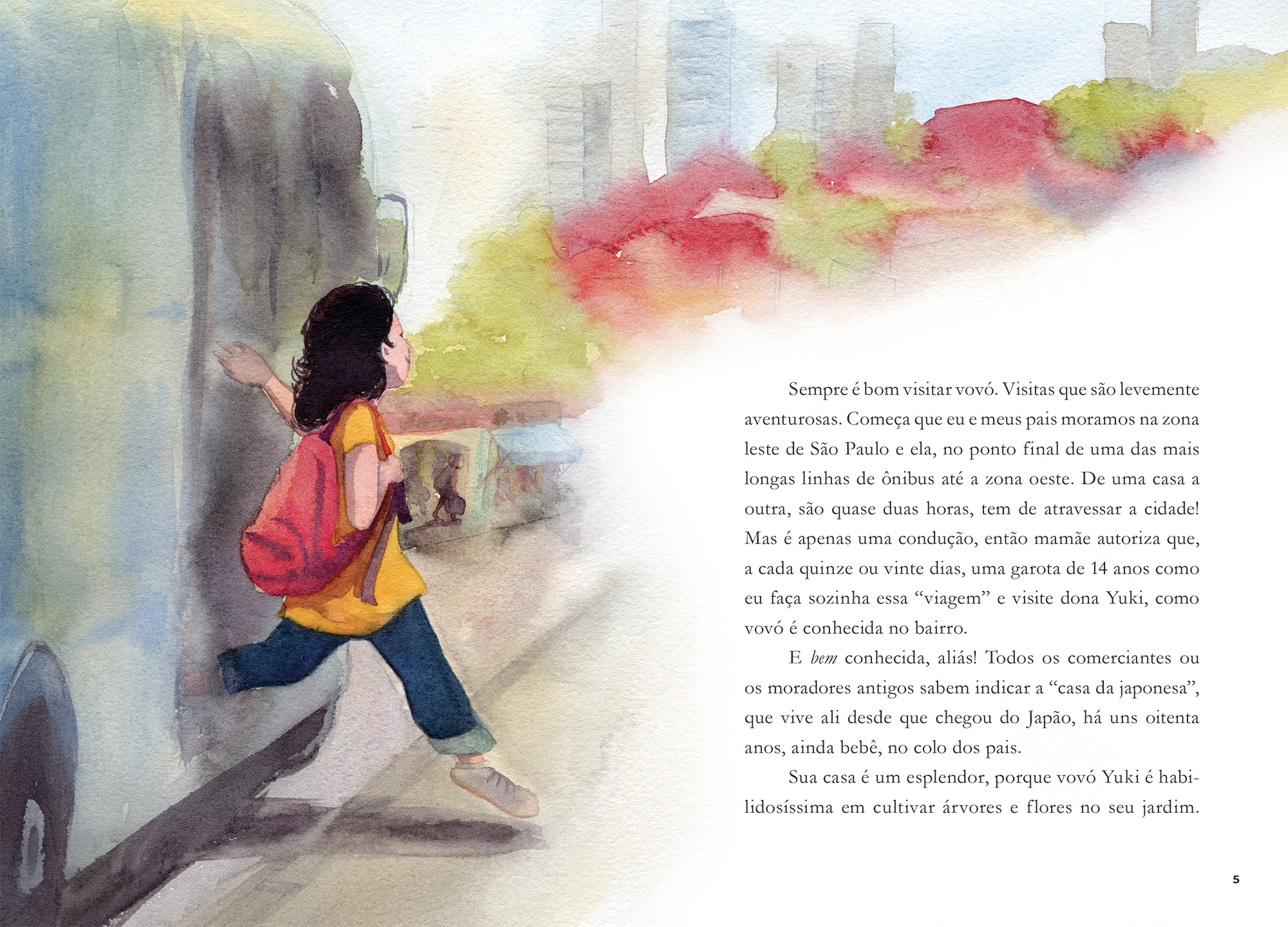 Watercolor illustration of a girl with a red backpack stepping off a bus with blurred city buildings and trees in the background.