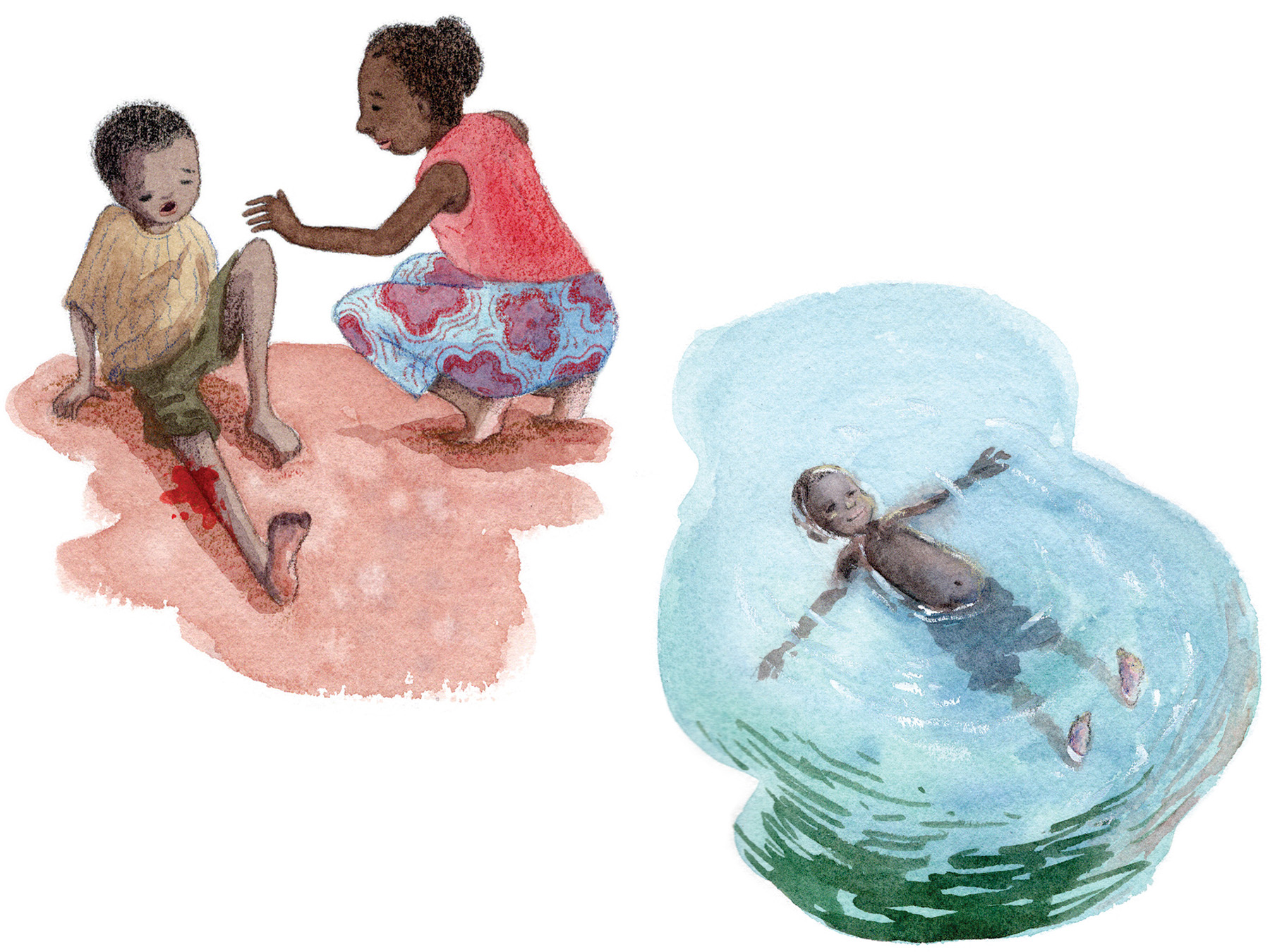 Watercolor illustrations of a boy and his mom, the boy with a bleeding leg telling his mom what happened,  and another illustration of a boy floating and smiling in water.