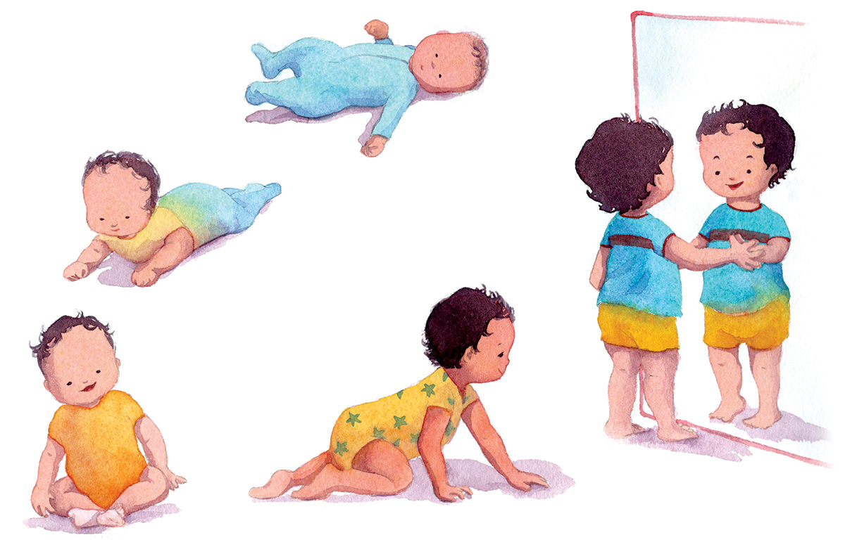 Watercolor illustration showing a baby at different developmental stages including lying down, crawling, sitting, and standing while looking at a mirror.
