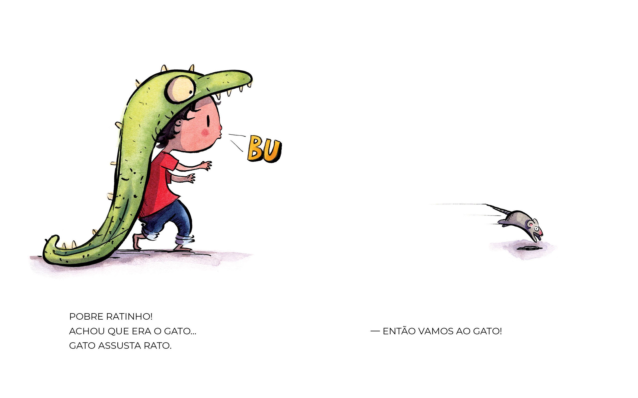 Child wearing a green dinosaur costume scares a running mouse by saying 'BU'.