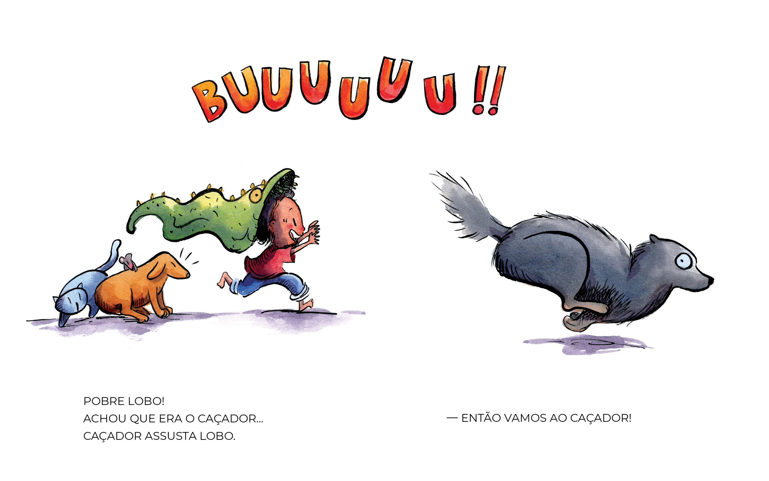 A child wearing a green dinosaur costume runs past a dog and cat while a gray wolf with wide eyes flees; bright orange text above says 'BUUUUUU!!'.