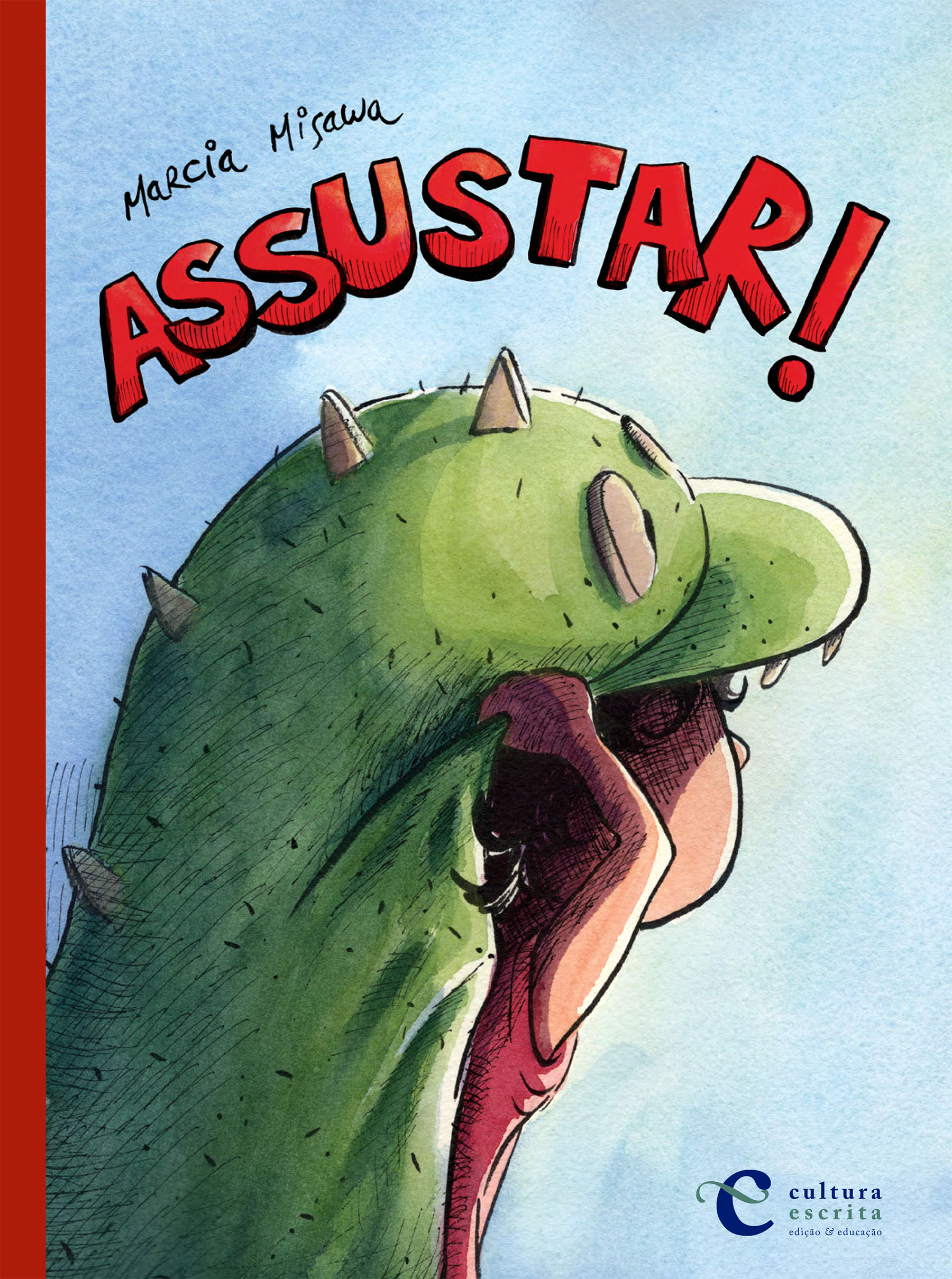 Book cover with an illustration of a boy wearing a green dinosaur costume with spikes, and the title 'ASSUSTAR!' in large red letters above.
