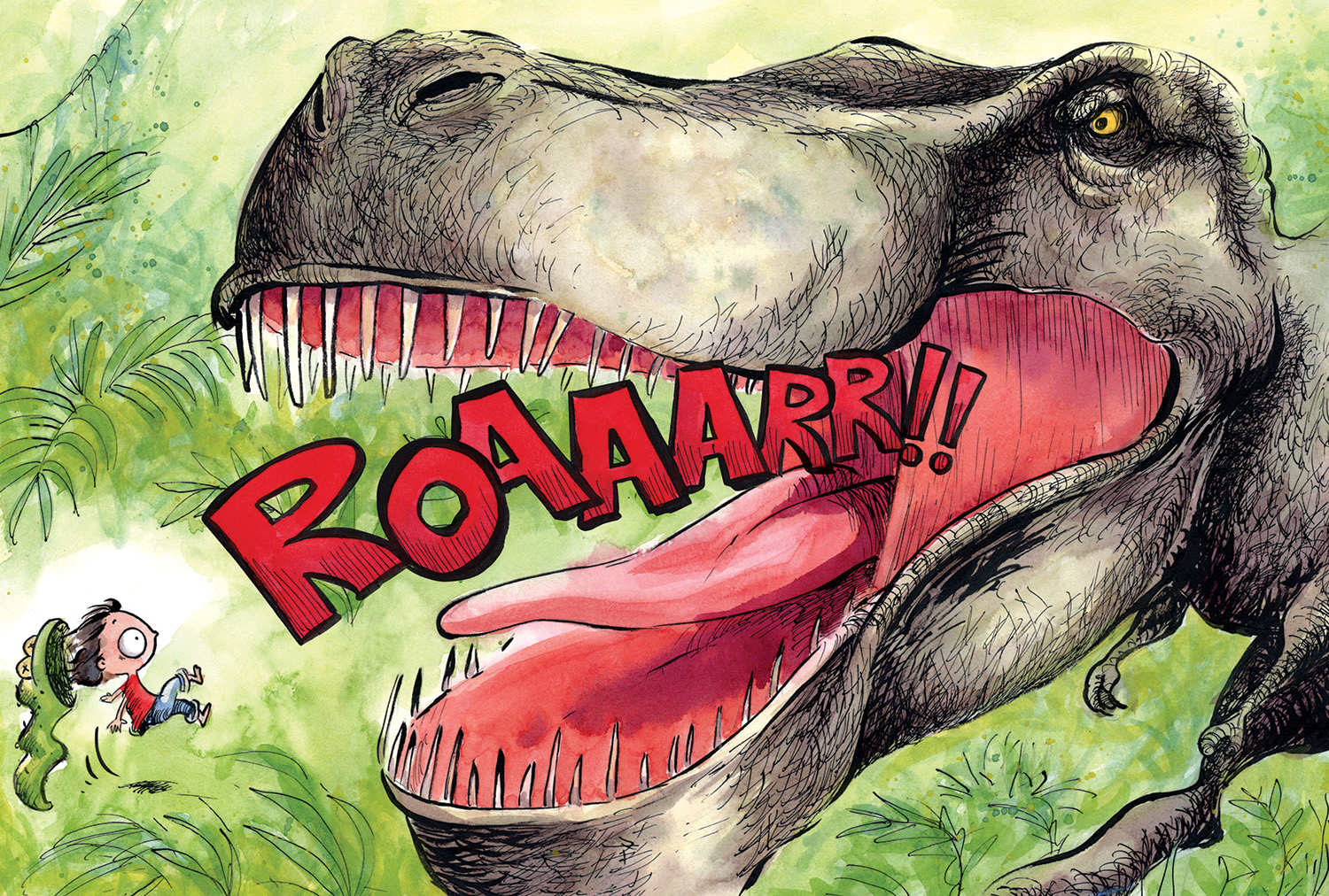 Illustration of a large roaring T-Rex dinosaur with its mouth open wide, showing sharp teeth and tongue, with a frightened cartoon boy being thrown back by the roar in a green jungle setting.
