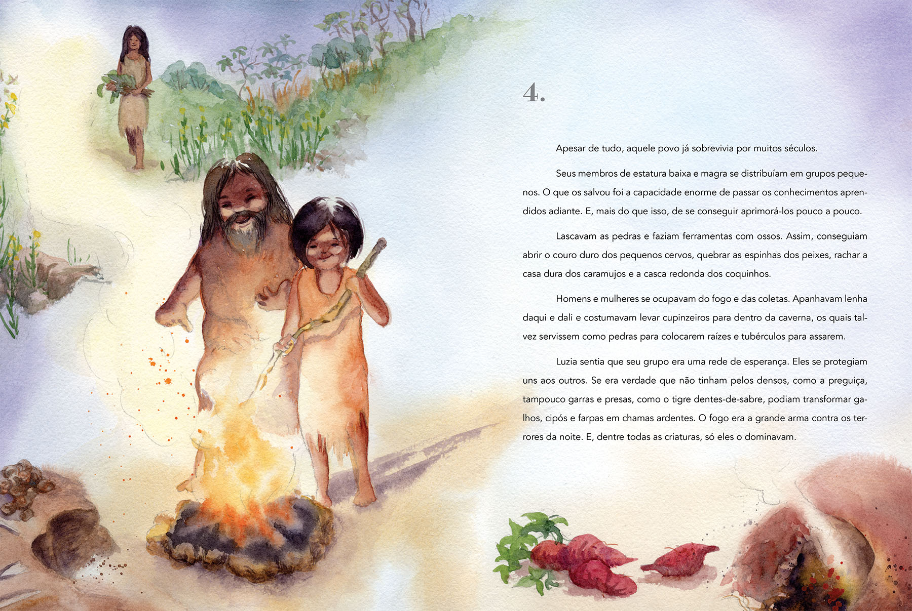 Watercolor illustration of two prehistoric people tending a fire with a third person standing in the background among greenery.