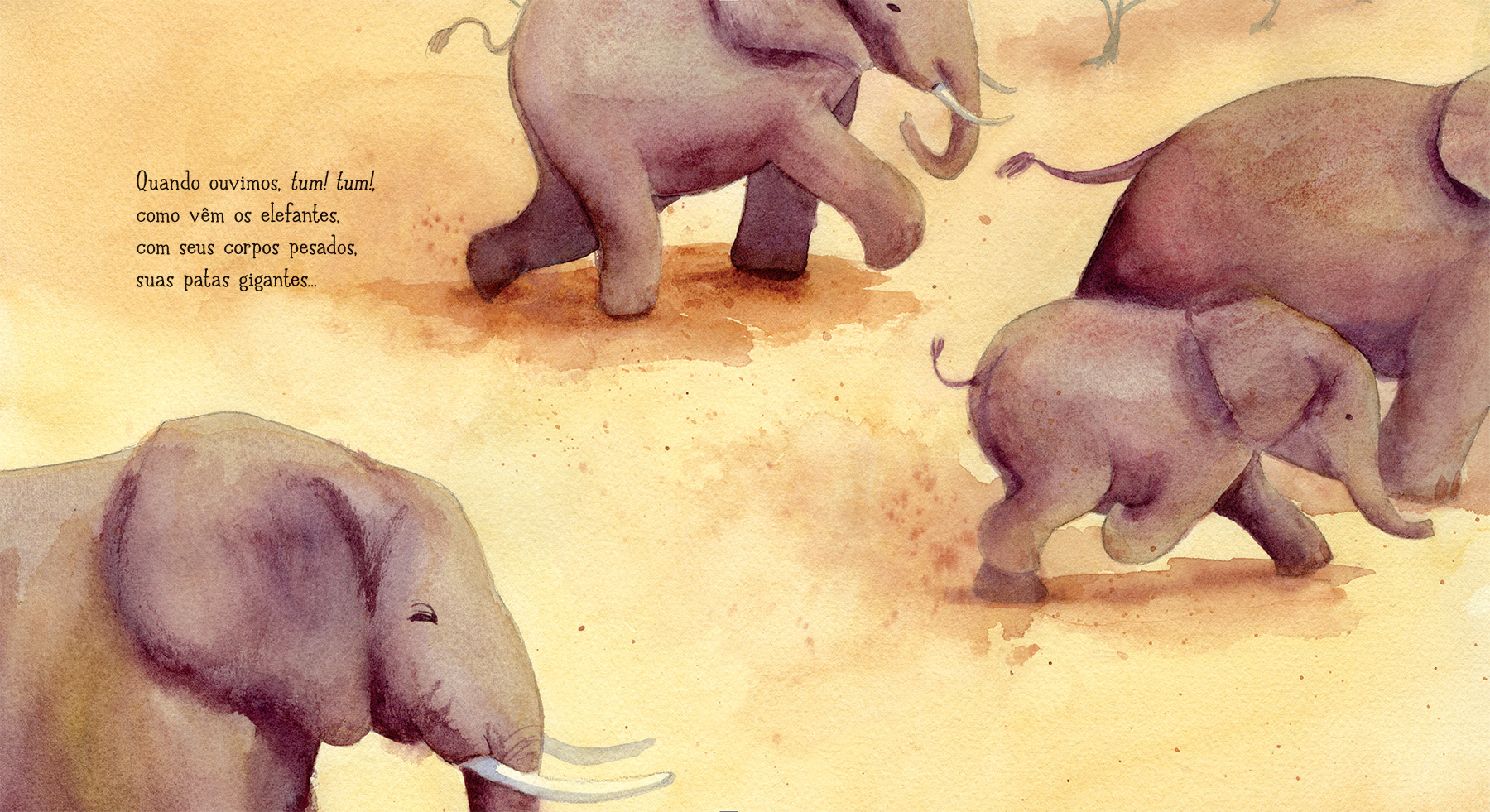 Watercolor illustration of adult and baby elephants running on a sandy ground with a Portuguese text about elephants on the left.