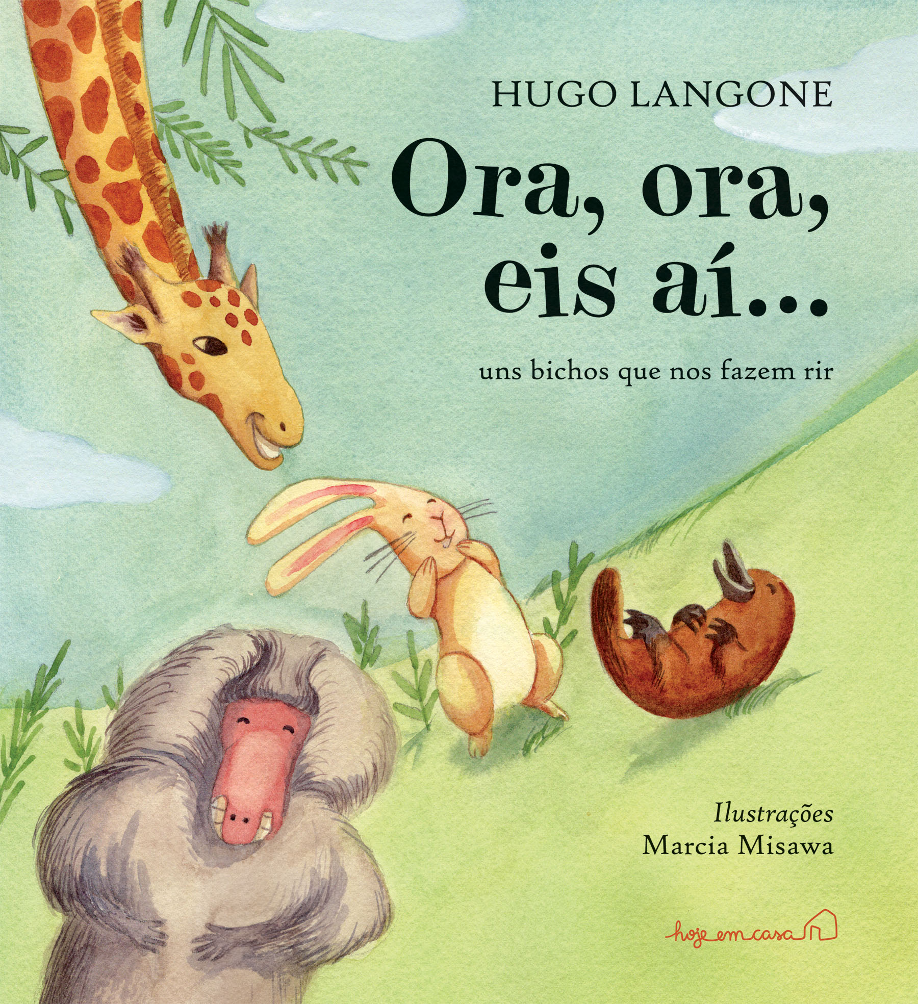 Children's book cover featuring a smiling giraffe, a laughing rabbit, a happy platypus, and a baboon on a grassy hill under a blue sky.