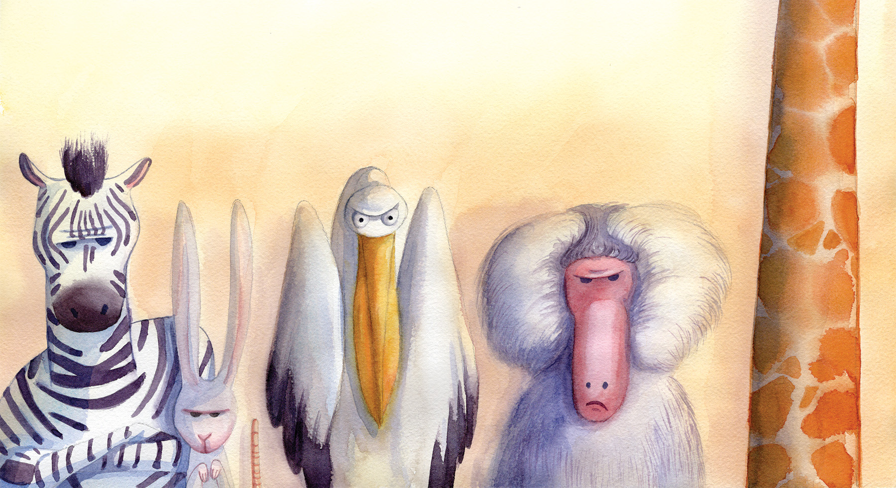 Watercolor illustration of six animals with angry expressions: zebra, rabbit,  worm, pelican, baboon, and giraffe neck.