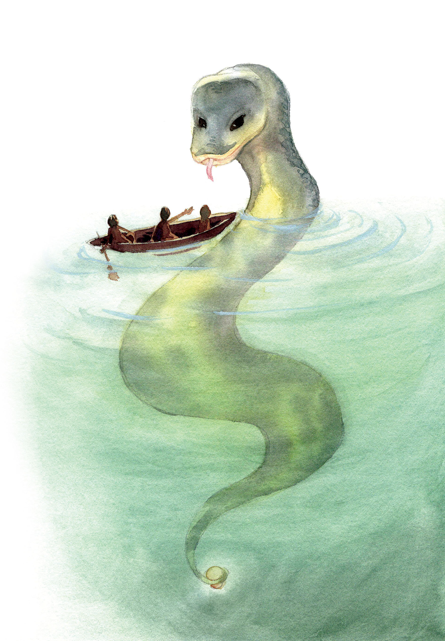Watercolor illustration of three people in a small wooden boat encountering a giant serpent rising from the water.