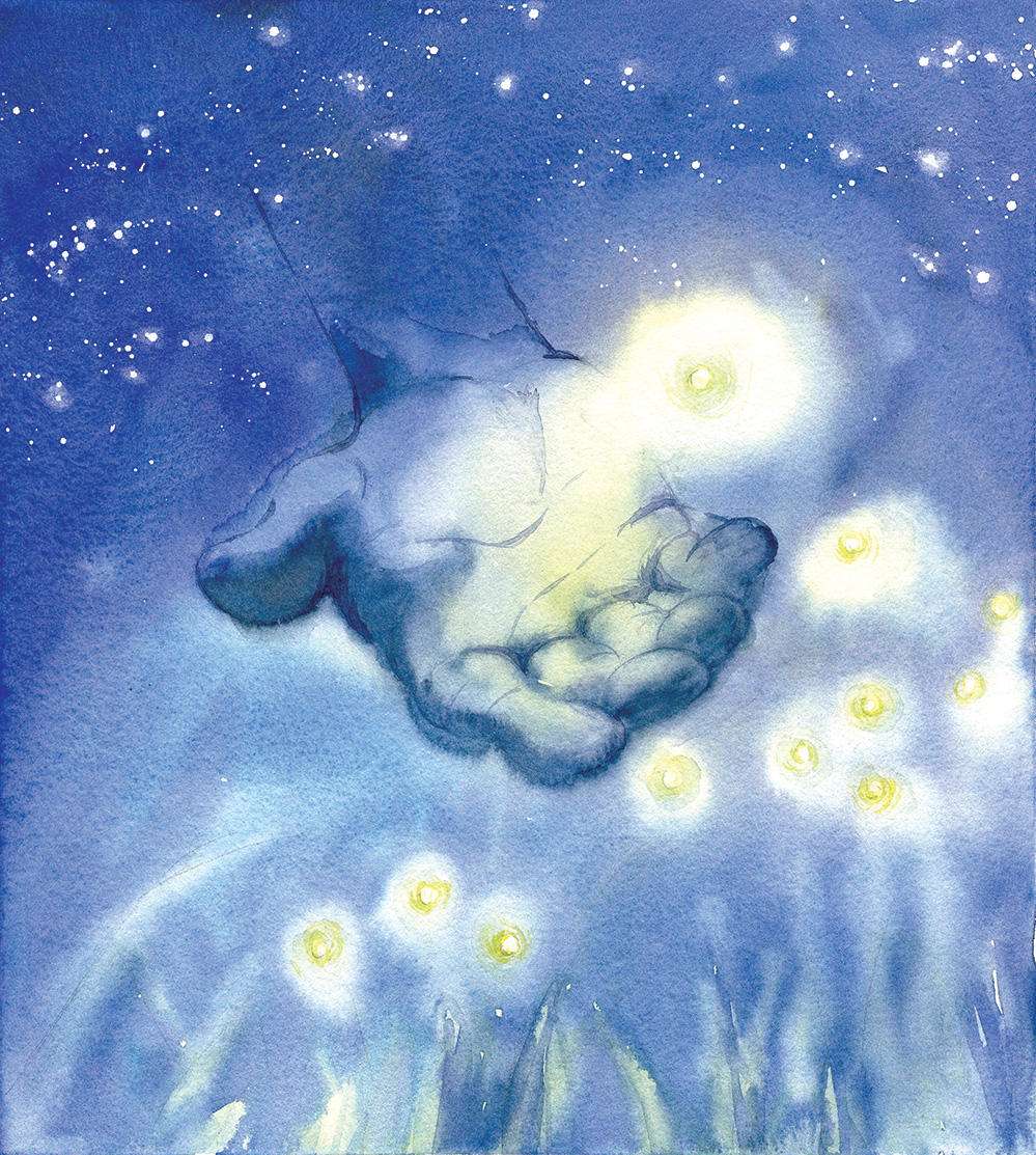 Watercolor painting of an outstretched hand glowing softly with fireflies in a starry night.