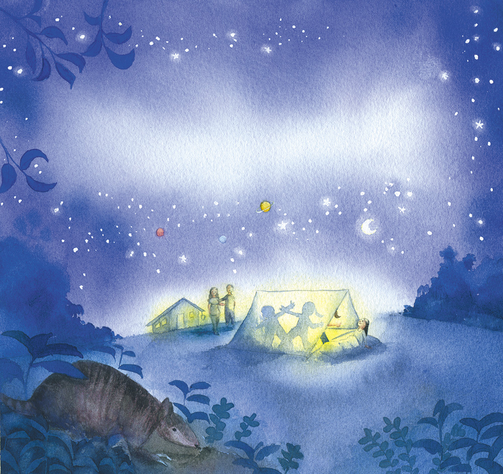 Watercolor night scene with two children playing shadows inside a glowing tent, one child observing the sky beside the tent, two adults standing nearby, a distant house, stars and planets in the sky, and an armadillo resting among plants in the foreground.