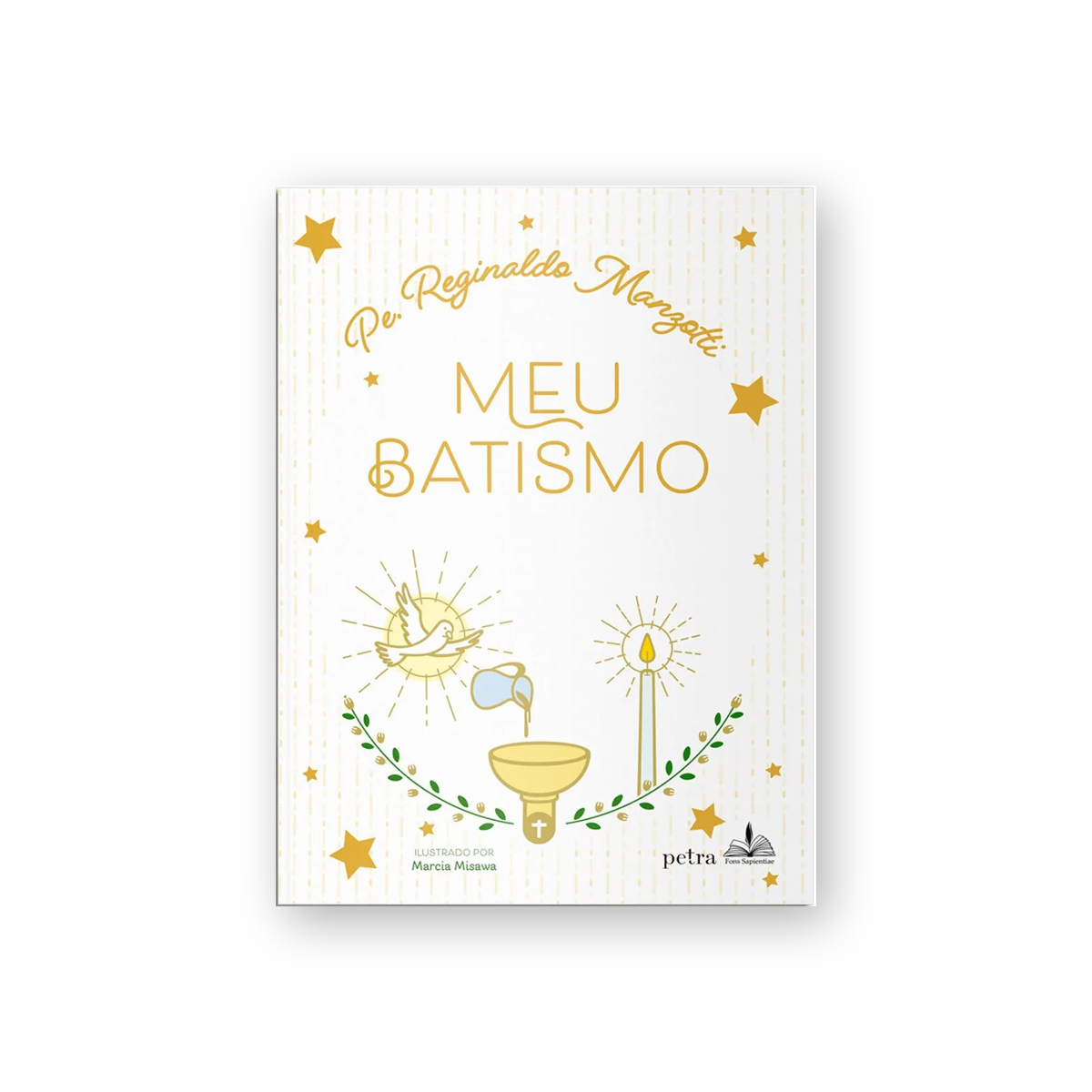 Book cover with baptism symbols: dove, water pouring into font, candle, stars, and olive branches.