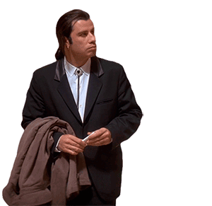 Meme of actor John Travolta in a suit, looking around without understanding. Scene taken from the film: Pulp Fiction.