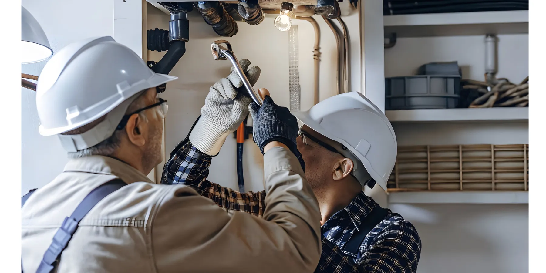 Two construction workers in white hard hats and gloves fixing pipes with a wrench under a light bulb.