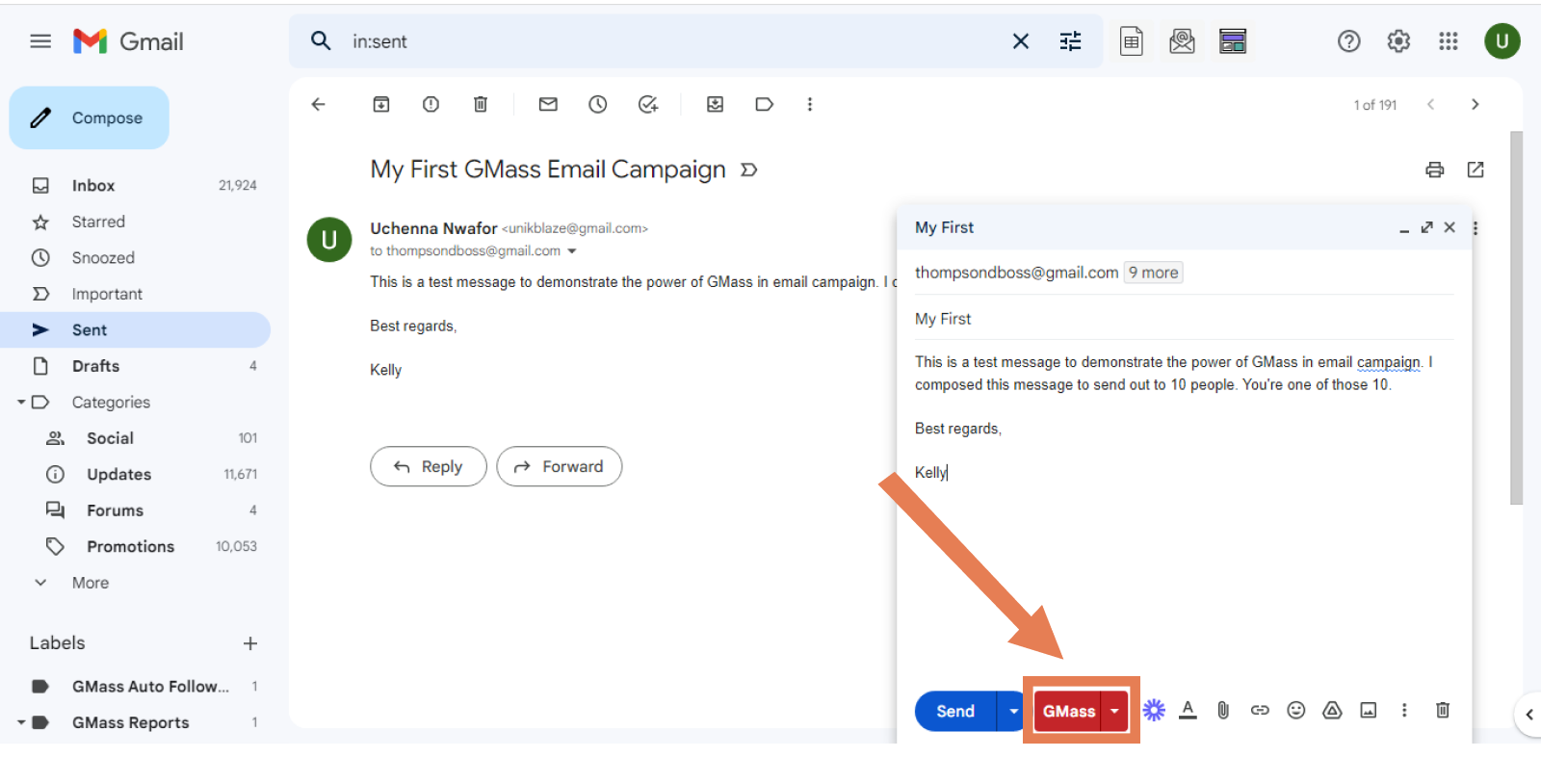 Click on the gmass button from the email window on google