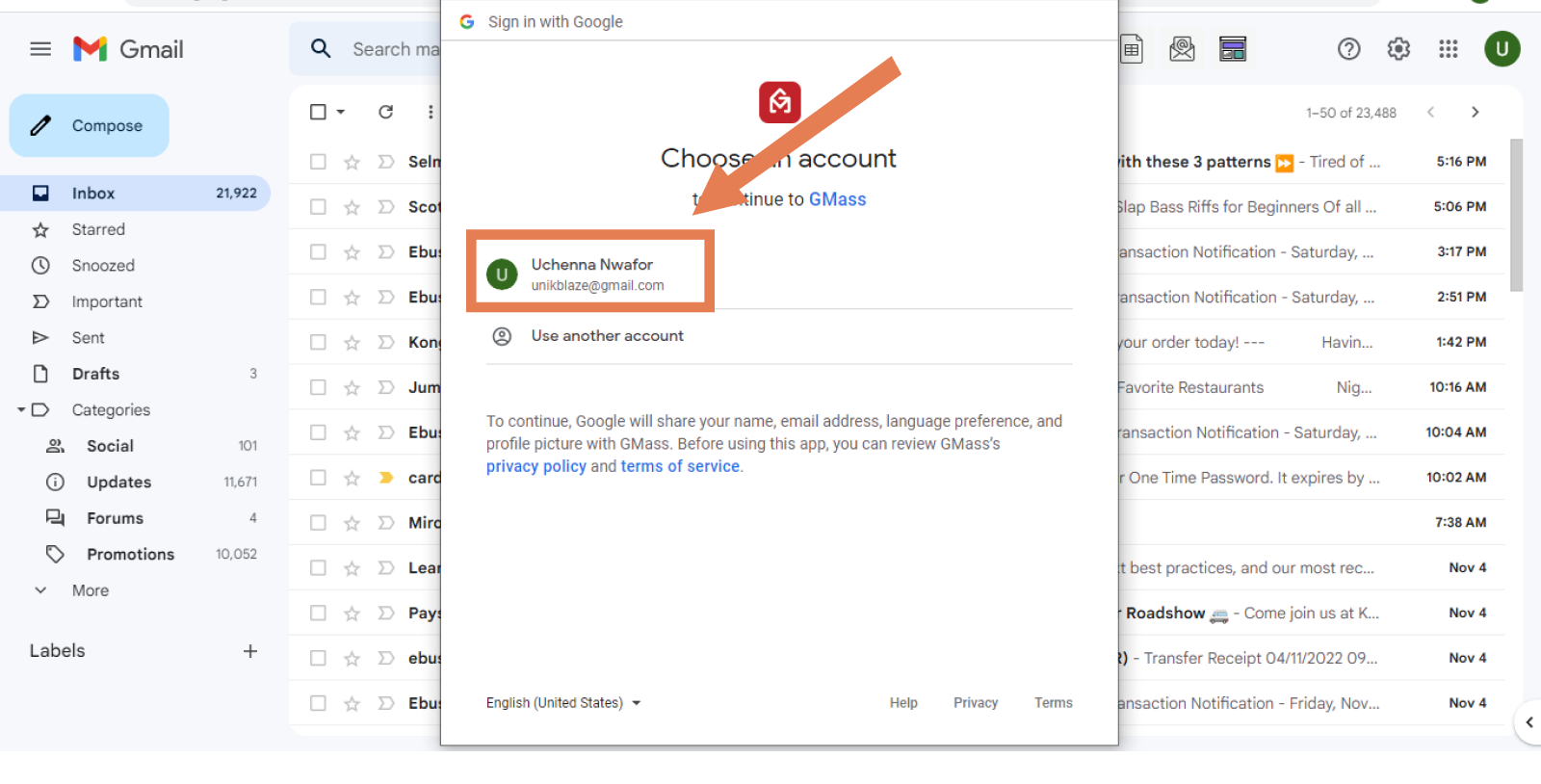 Choose a google account to synchronize with gmass