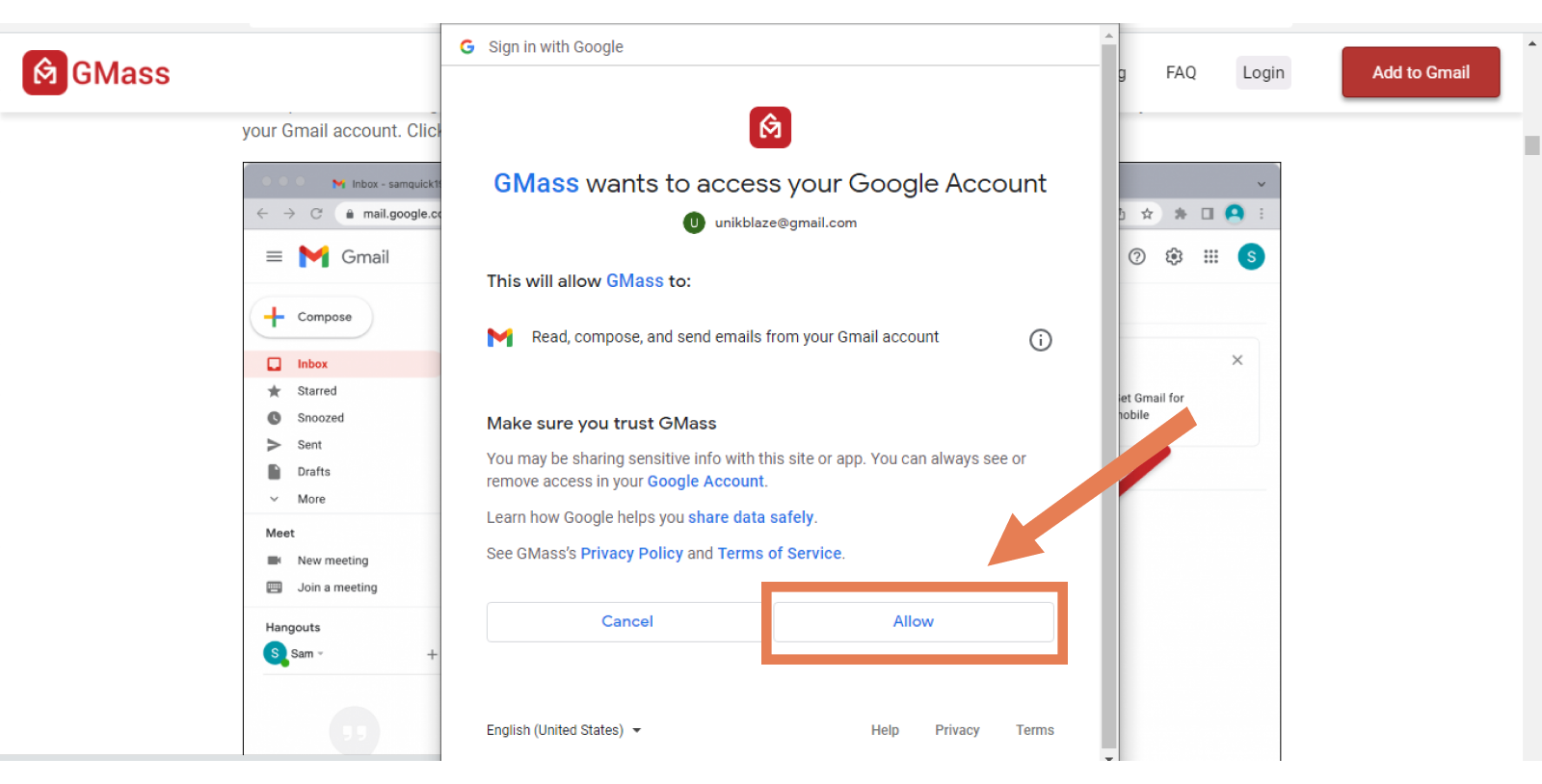 Allow Gmass to access your account