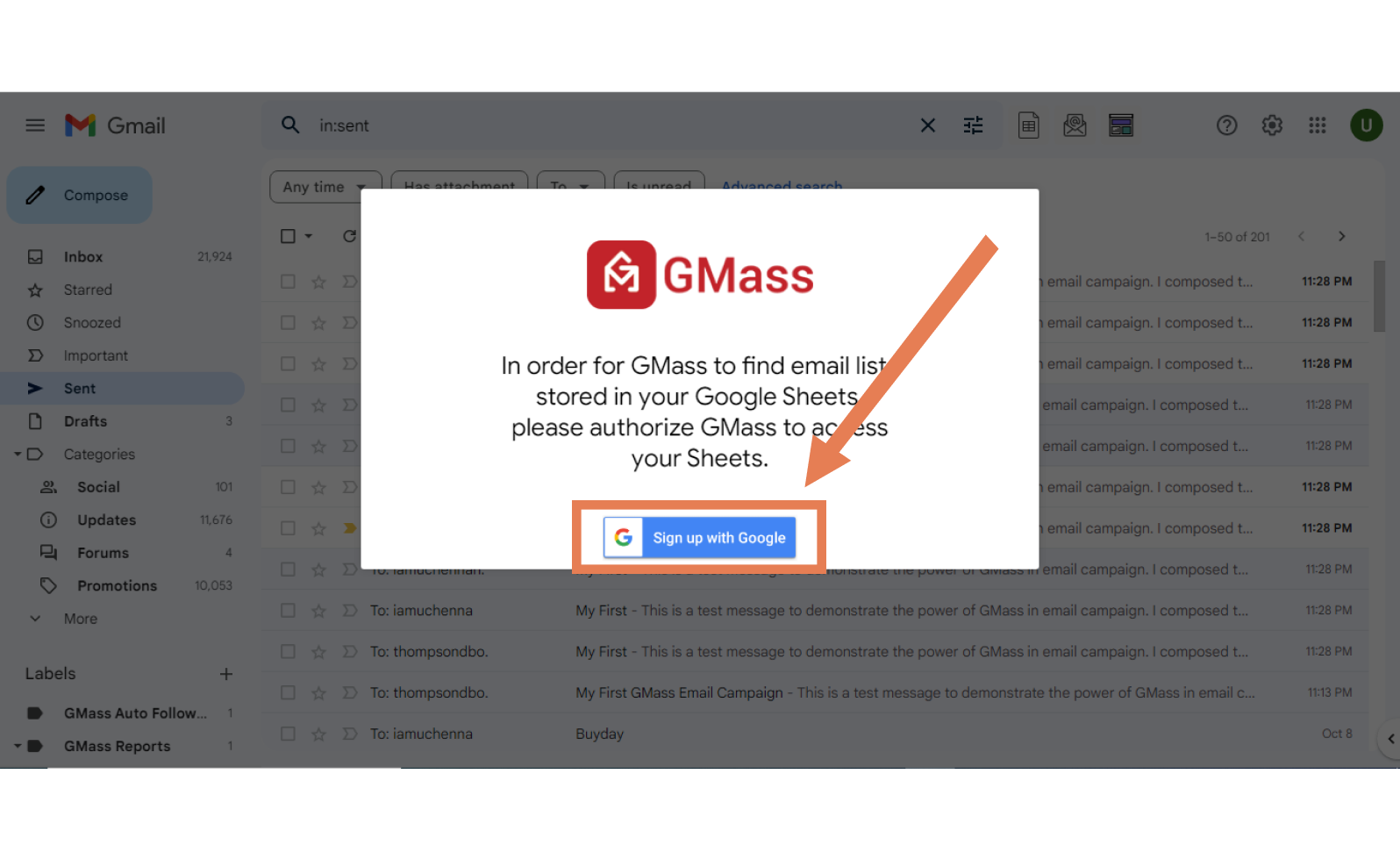 synchronize your google sheet account with gmass system