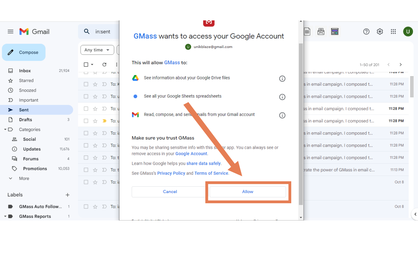 Allow gmass with google for authorization